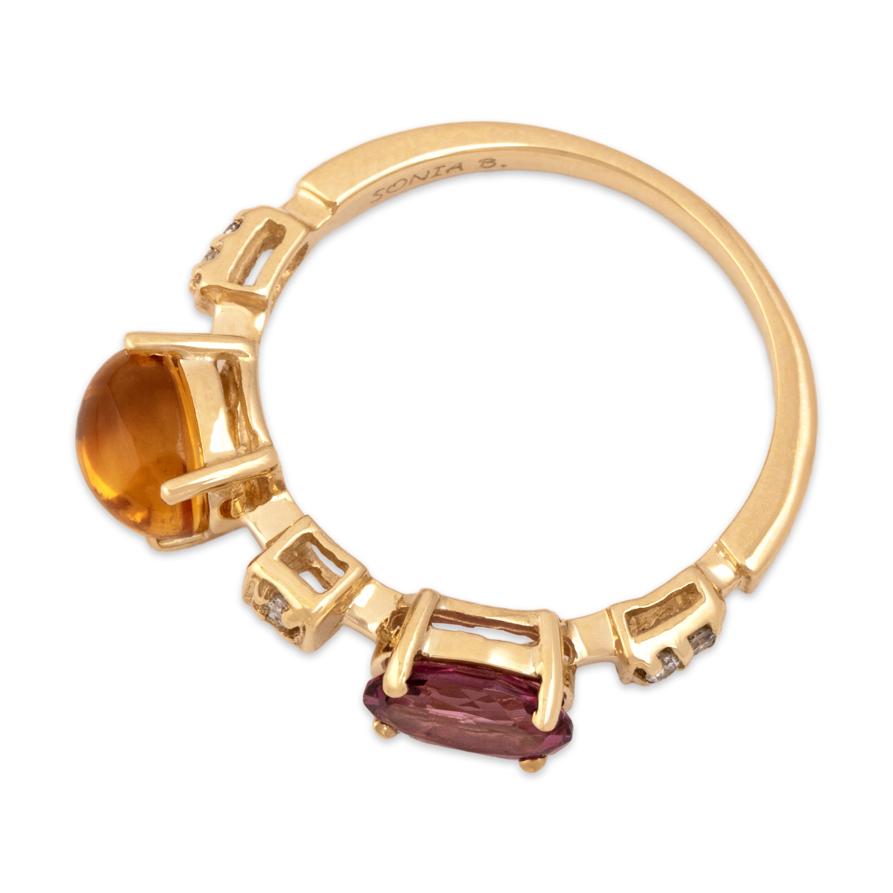 Estate 14k Yellow Gold 1.02ct Citrine .81ct Pink Garnet Diamond Funky Ring - Overall view