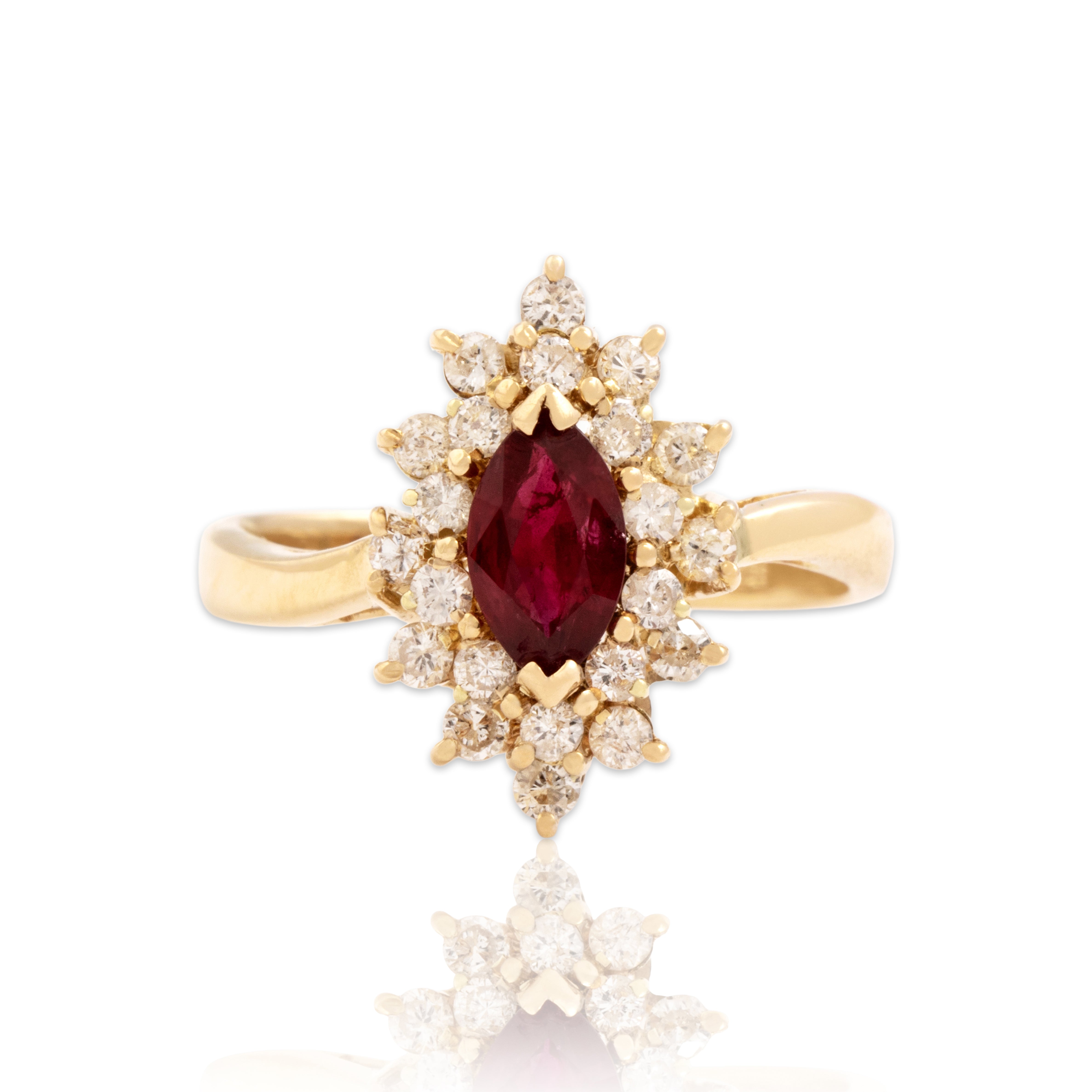 Vintage 14k Yellow Gold .6ct Ruby Diamond Stacked Marquise Halo Ring 7.50
