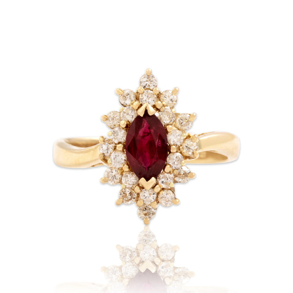 Vintage 14k Yellow Gold .6ct Ruby Diamond Stacked Marquise Halo Ring 7.50