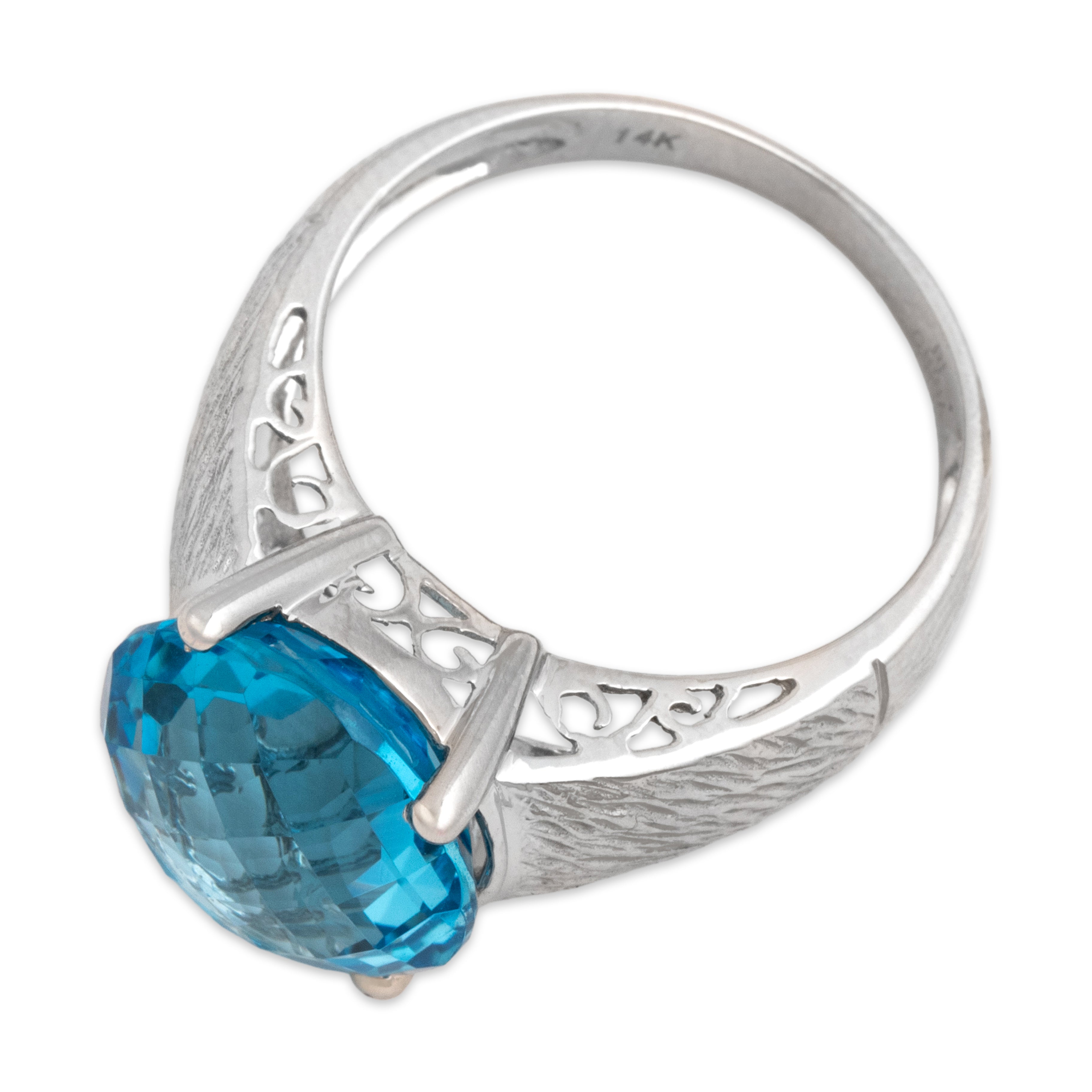 Vintage 14k White Gold 7.27ct Topaz Swirling Textured Round Checkerboard Ring - Overall view