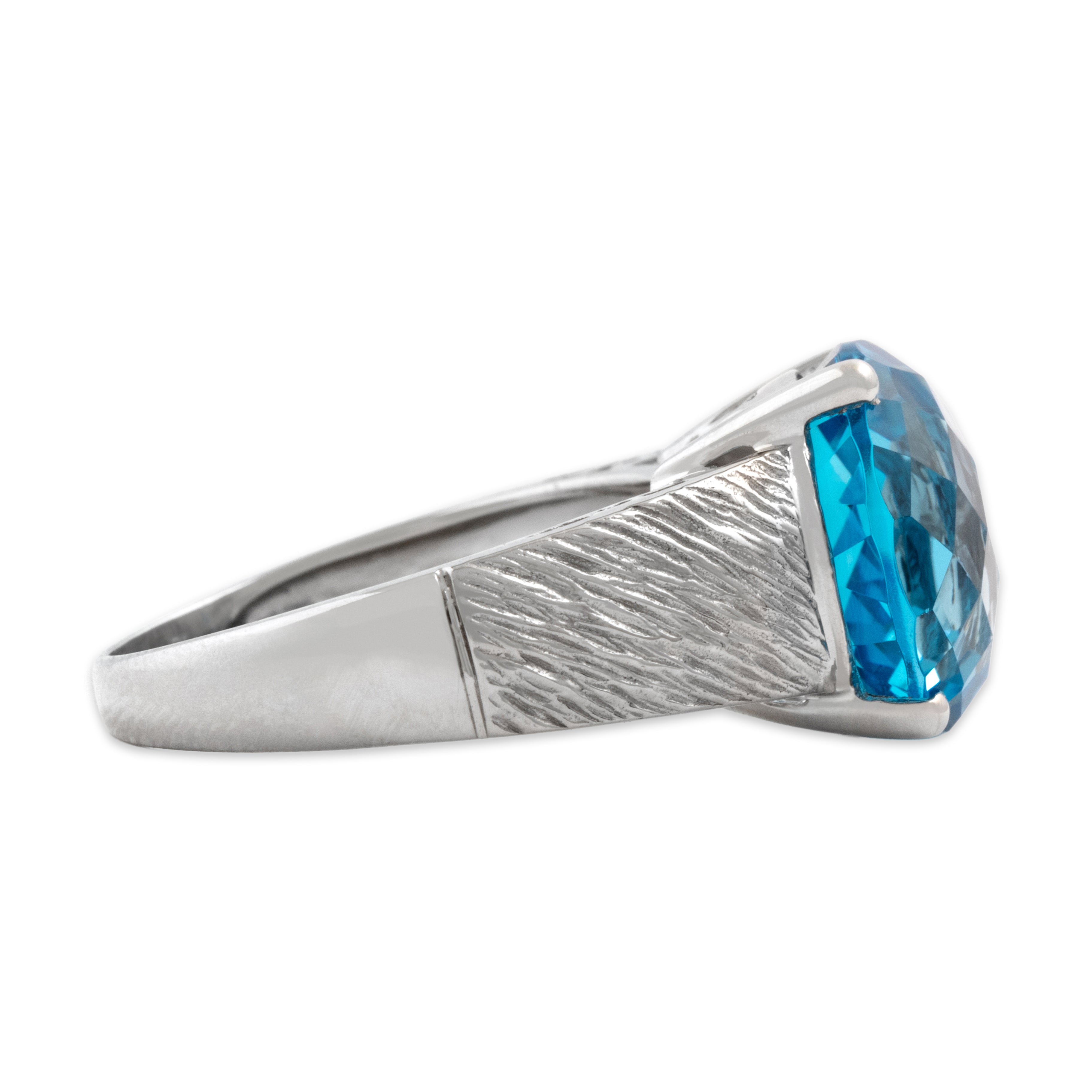 Vintage 14k White Gold 7.27ct Topaz Swirling Textured Round Checkerboard Ring - Side view