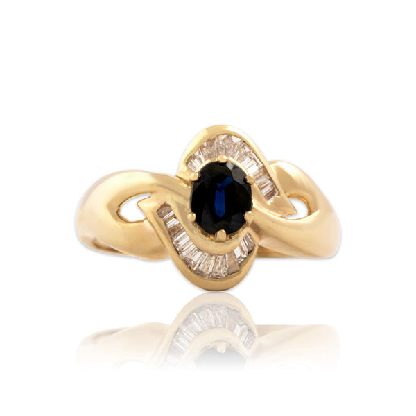 Vintage 14k Yellow Gold .67ct Dark Blue Sapphire Diamond Striking Swoop Ring 7.25