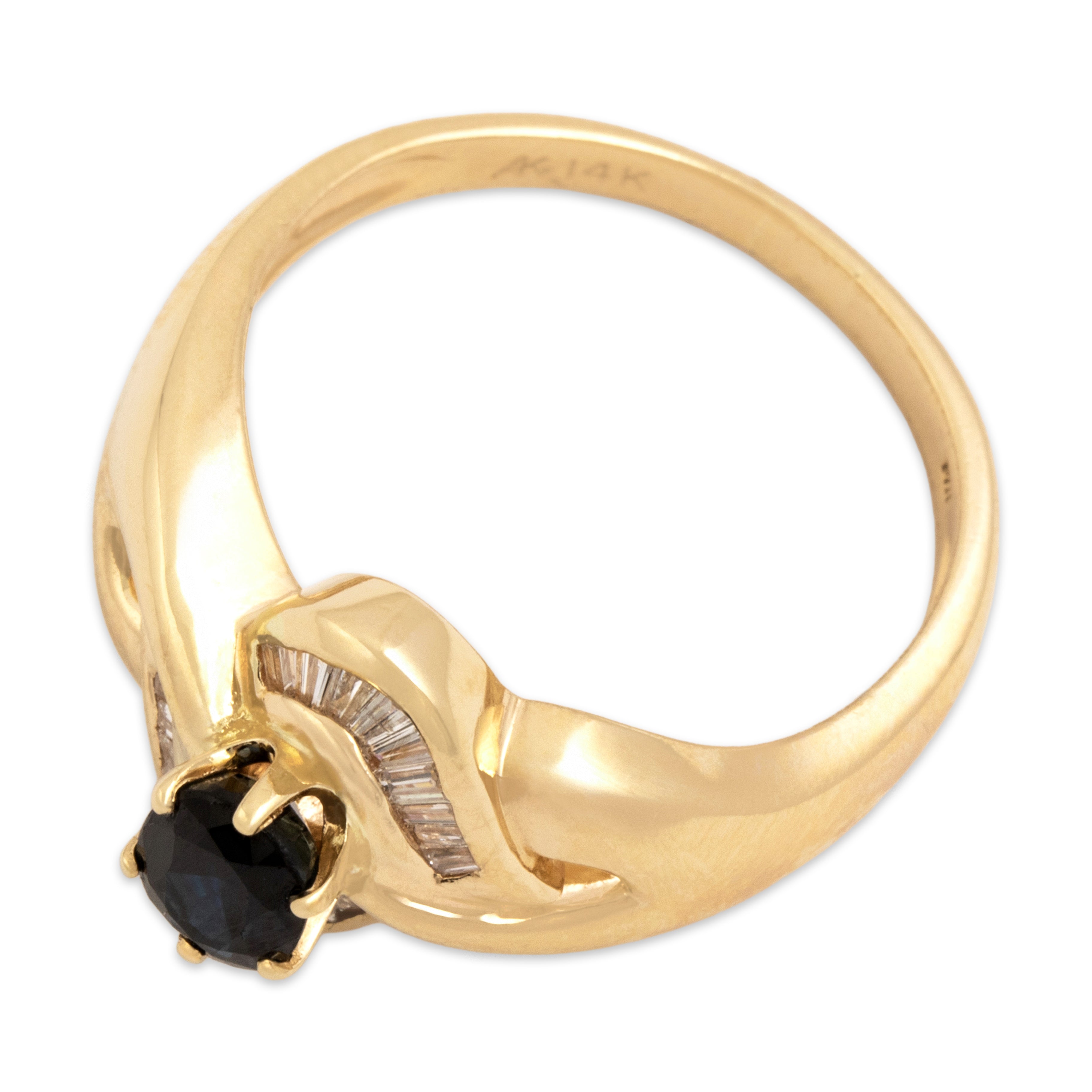 Vintage 14k Yellow Gold .67ct Dark Blue Sapphire Diamond Striking Swoop Ring 7.25