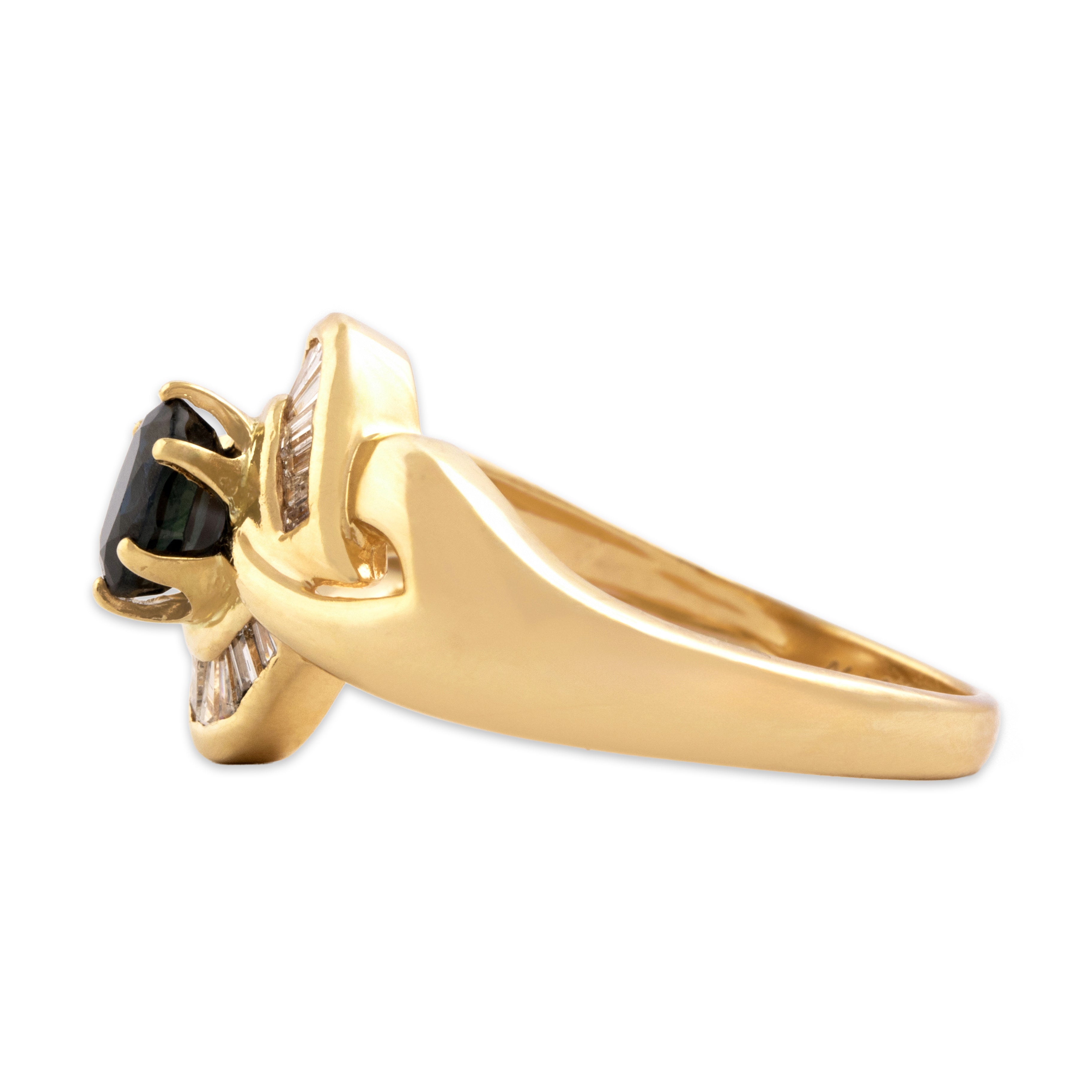 Vintage 14k Yellow Gold .67ct Dark Blue Sapphire Diamond Striking Swoop Ring 7.25