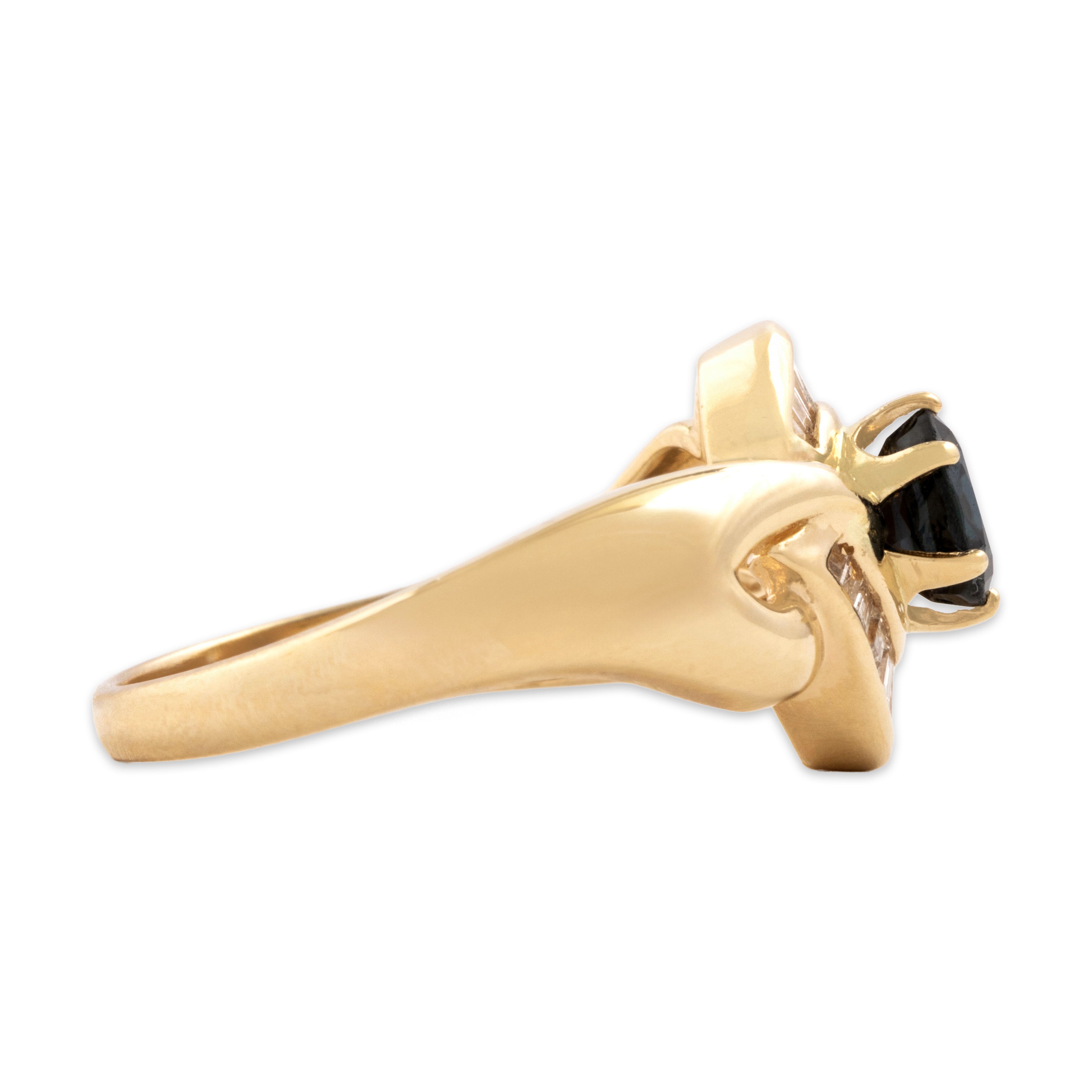Vintage 14k Yellow Gold .67ct Dark Blue Sapphire Diamond Striking Swoop Ring 7.25