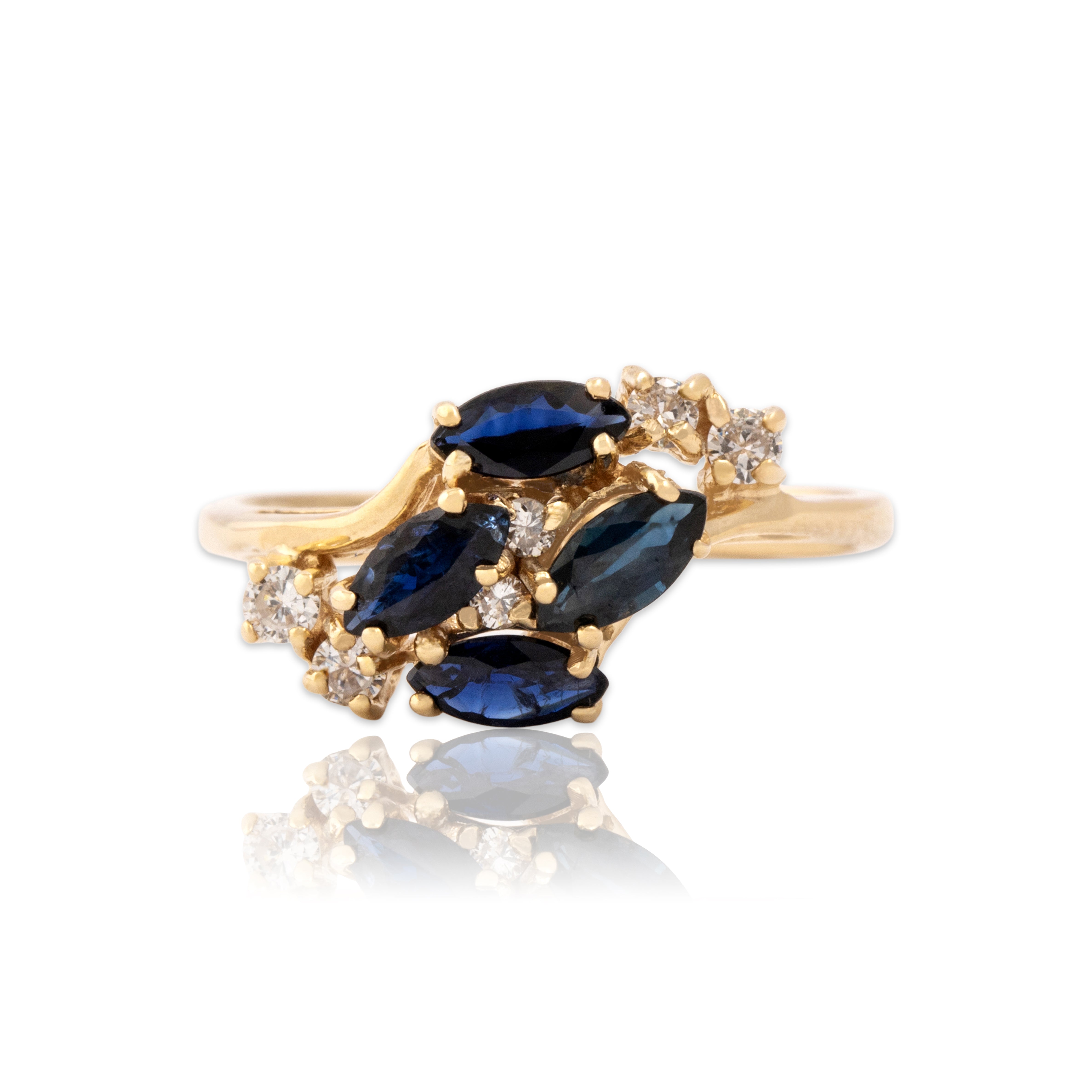 Vintage 14k Yellow Gold .78cttw Blue Sapphire Diamond Waterfall Ring - Close-up view