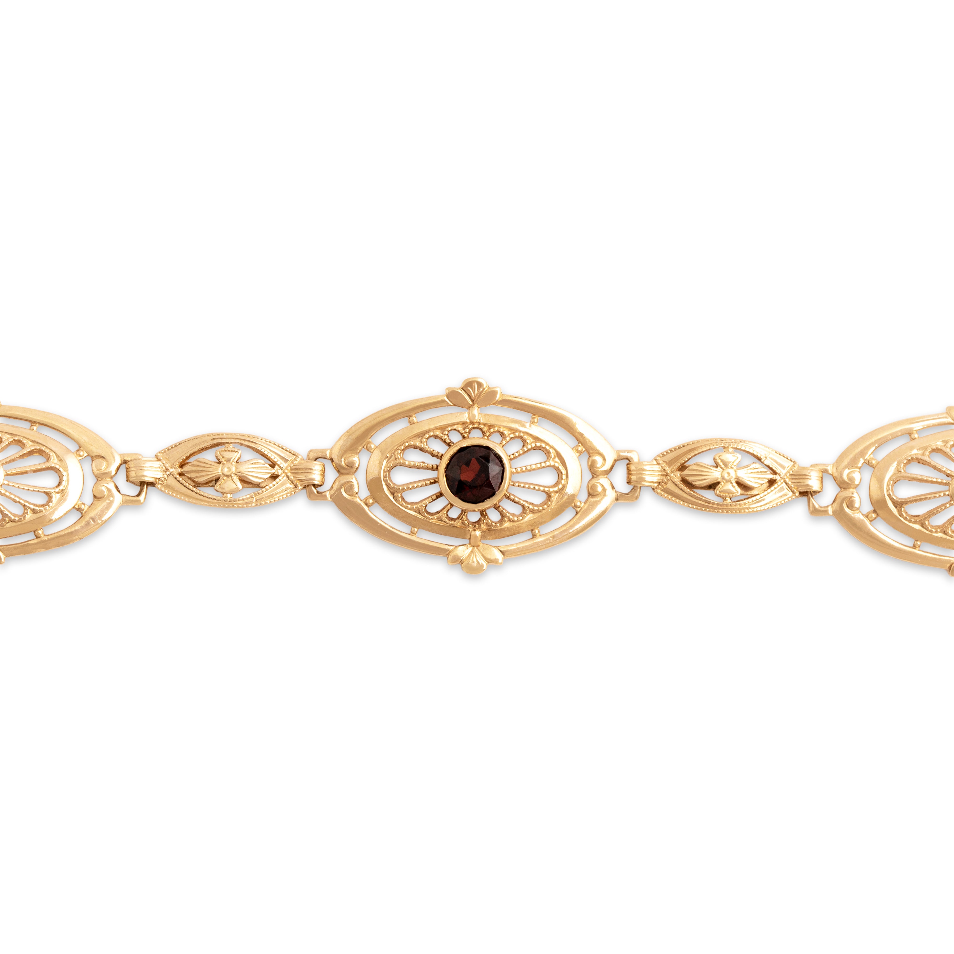 Antique 14k Yellow Gold Garnet Fantastic Open Blossom Link Bracelet 7
