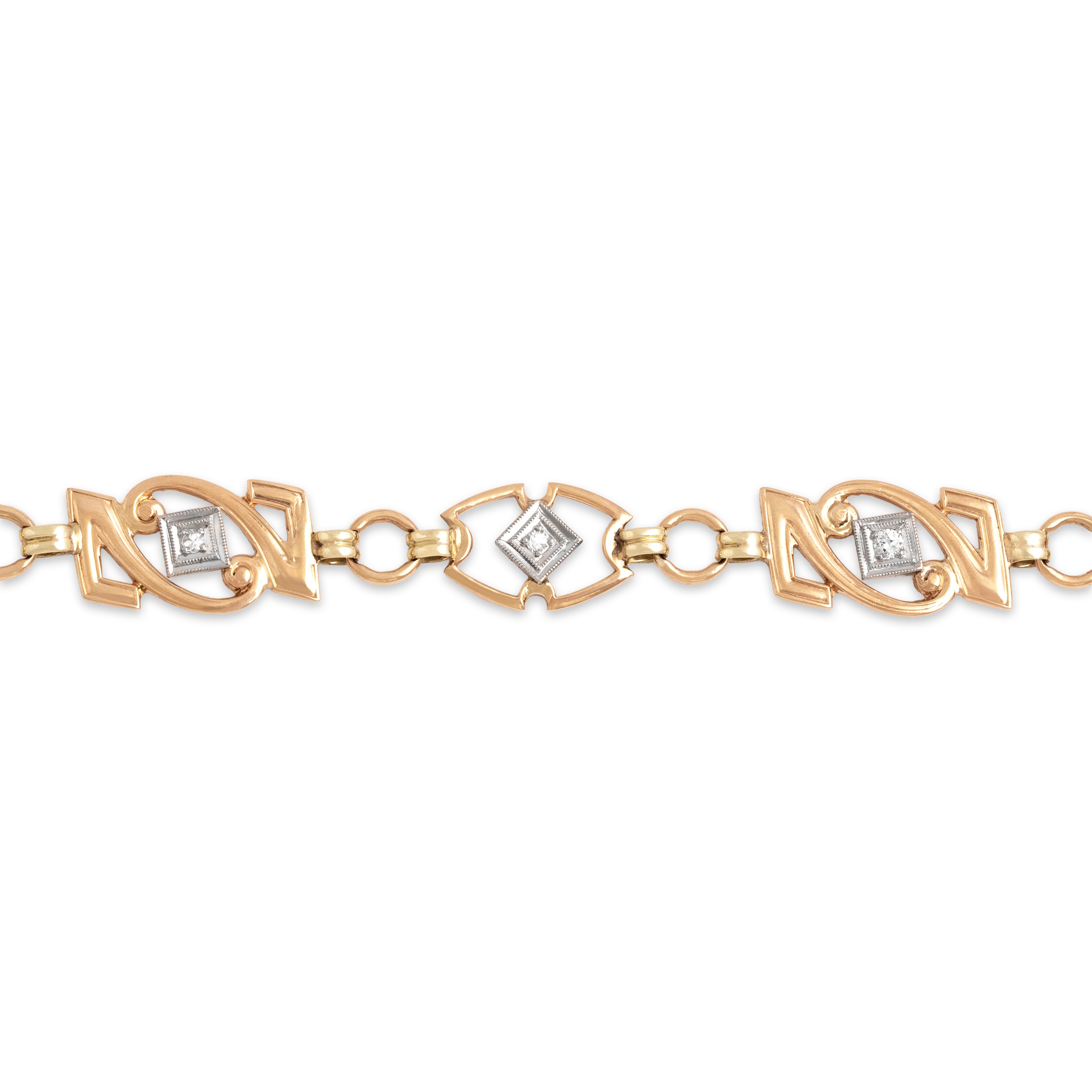 Vintage 14k Yellow Gold & Platinum Diamond Fabulous Alternating Open Link Bracelet - detail view #1