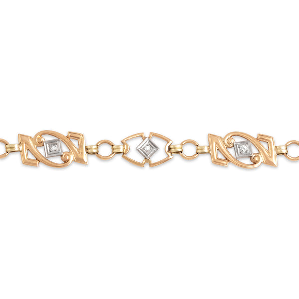 Vintage 14k Yellow Gold & Platinum Diamond Fabulous Open Link Bracelet 6.75