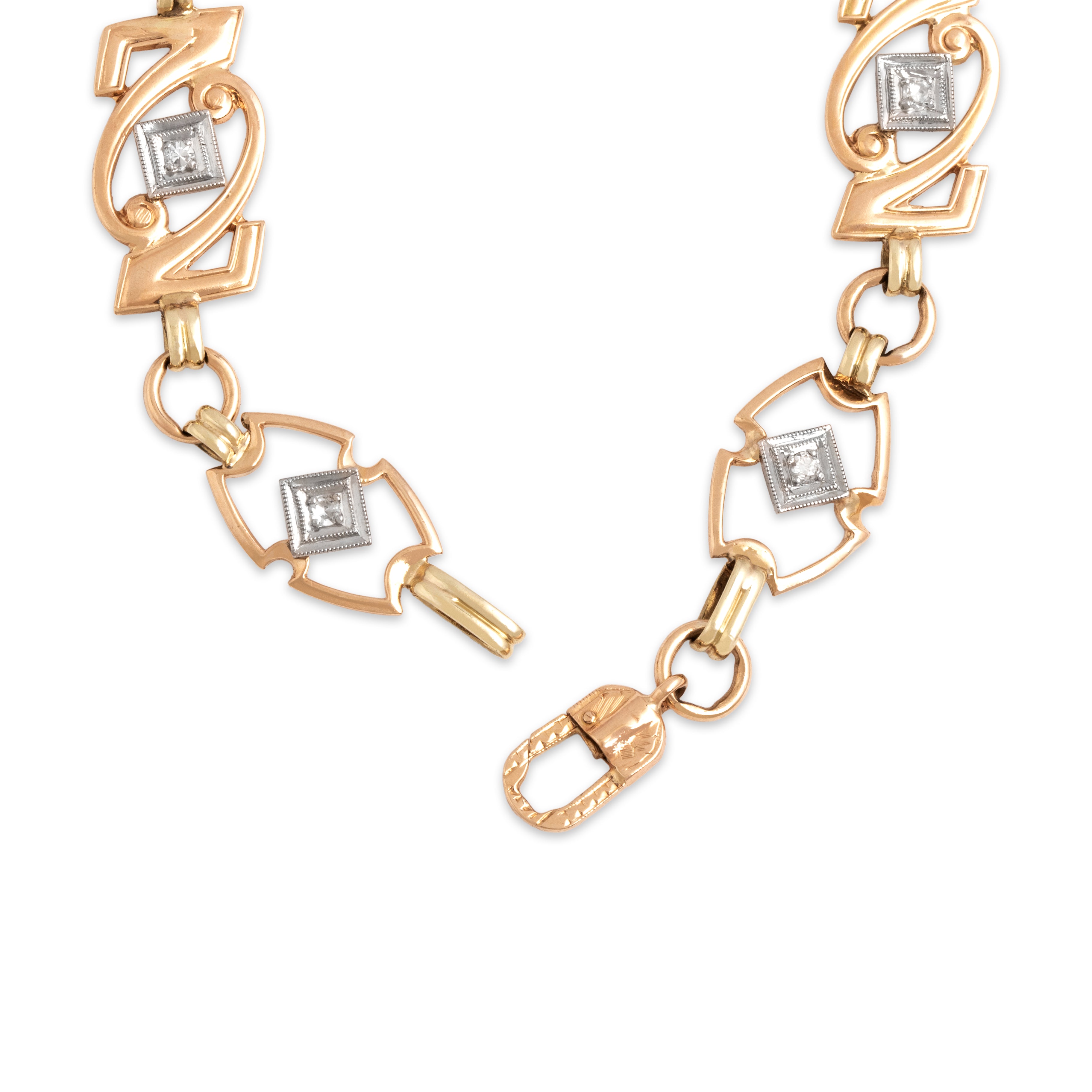 Vintage 14k Yellow Gold & Platinum Diamond Fabulous Alternating Open Link Bracelet - clasp view