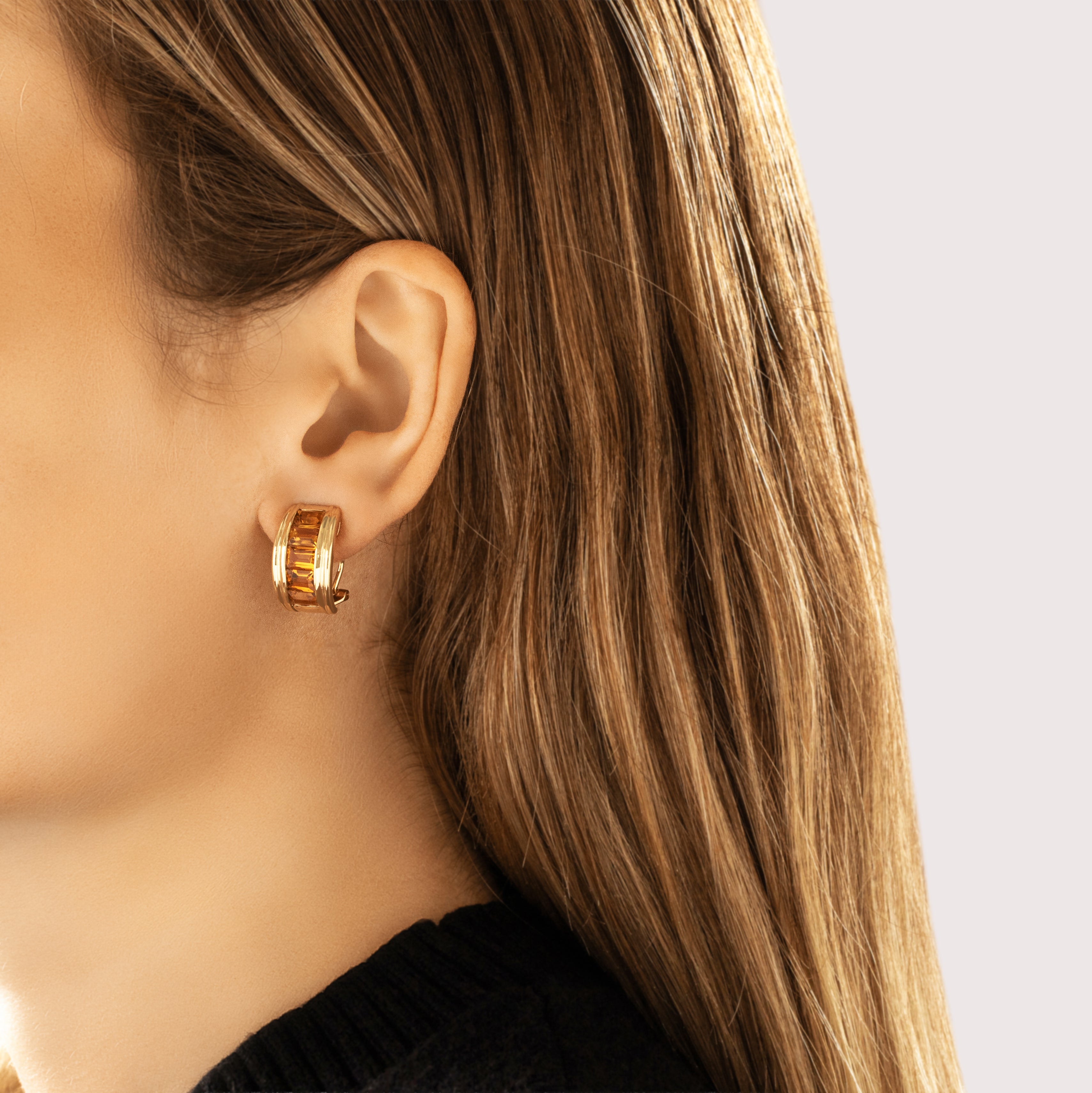 Vintage 14k Yellow Gold 4.51cttw Citrine Channel Half-Hoop Omega-Back Earrings - On model view