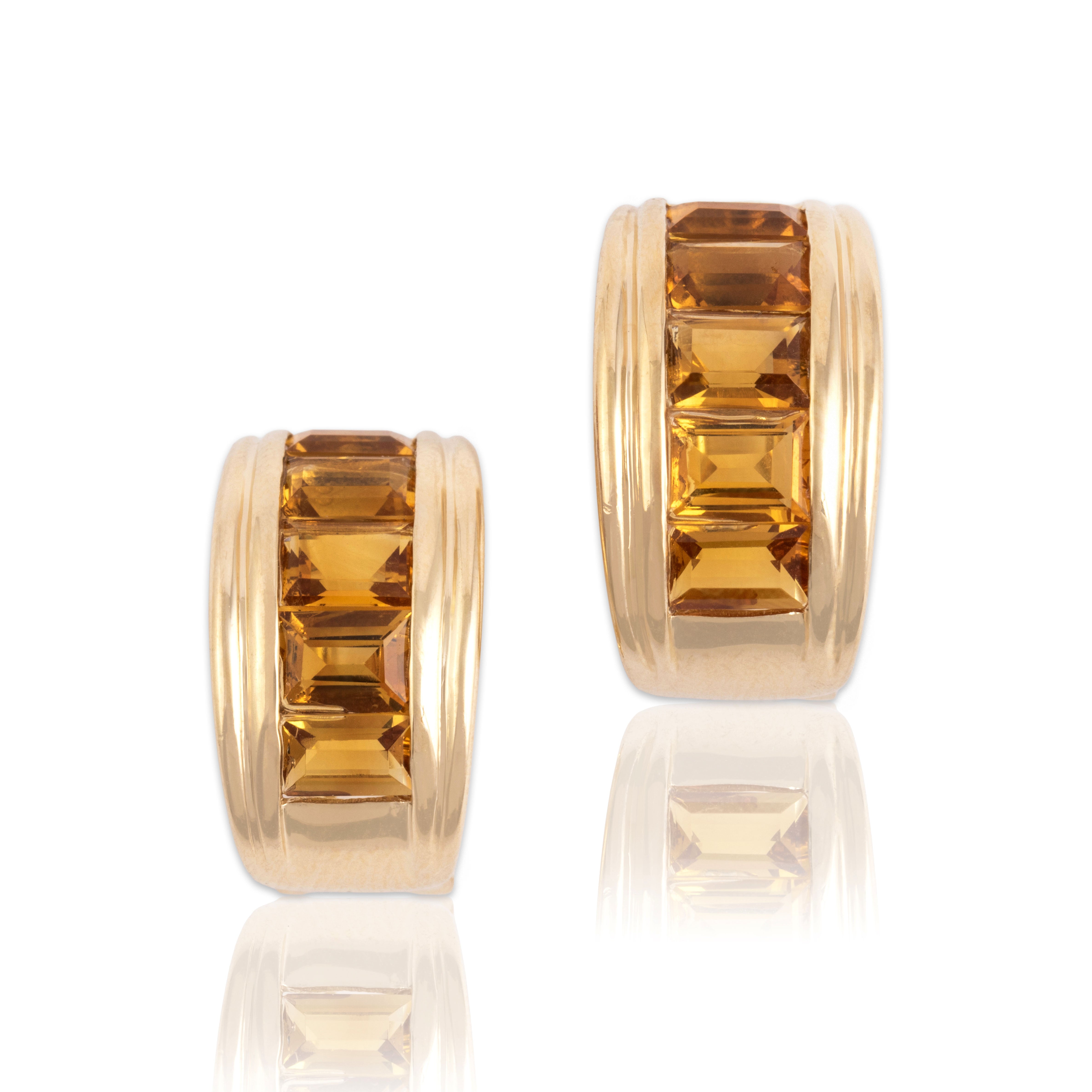 Vintage 14k Yellow Gold 4.51cttw Citrine Channel Half-Hoop Omega-Back Earrings