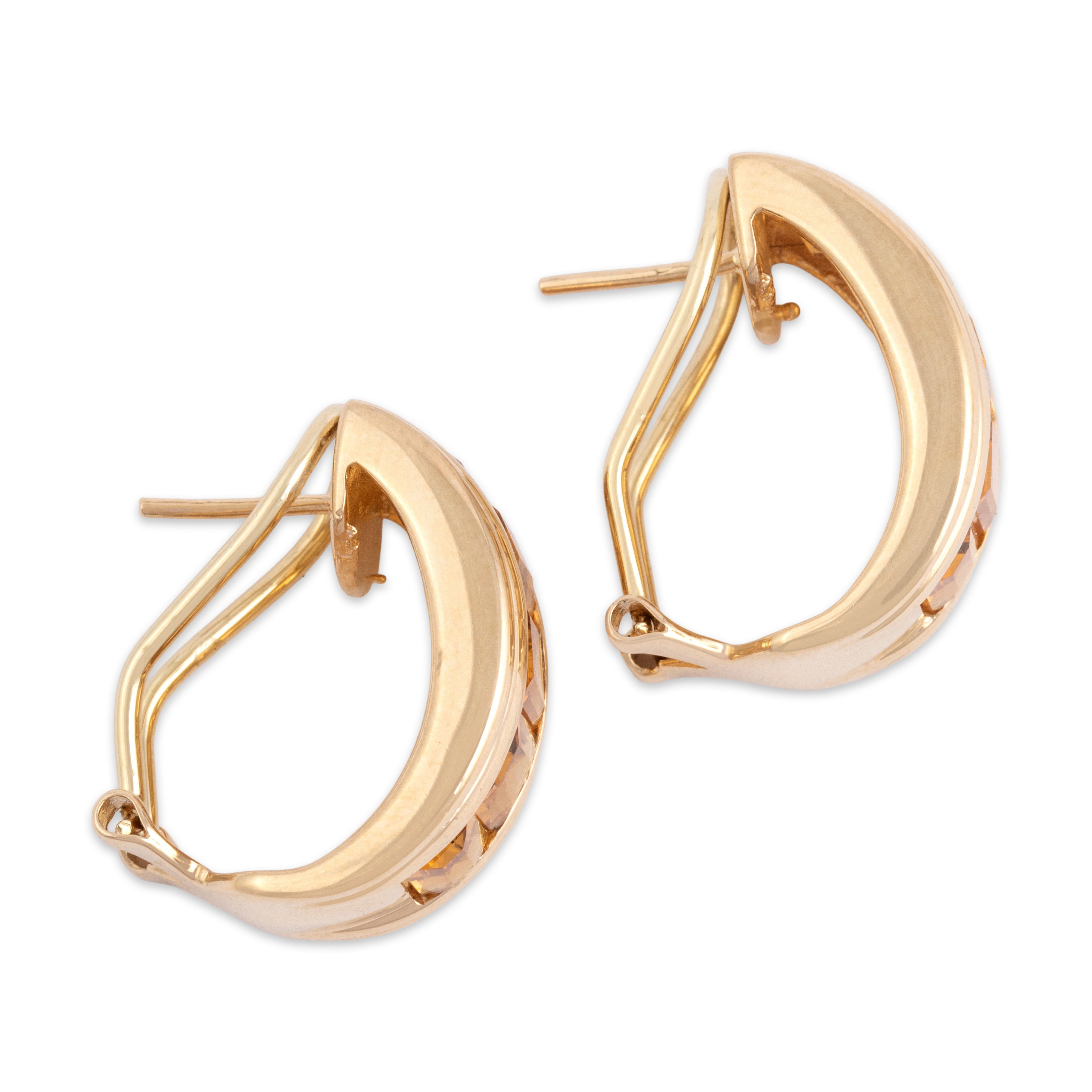Vintage 14k Yellow Gold 4.51cttw Citrine Channel Half-Hoop Omega-Back Earrings - Side view