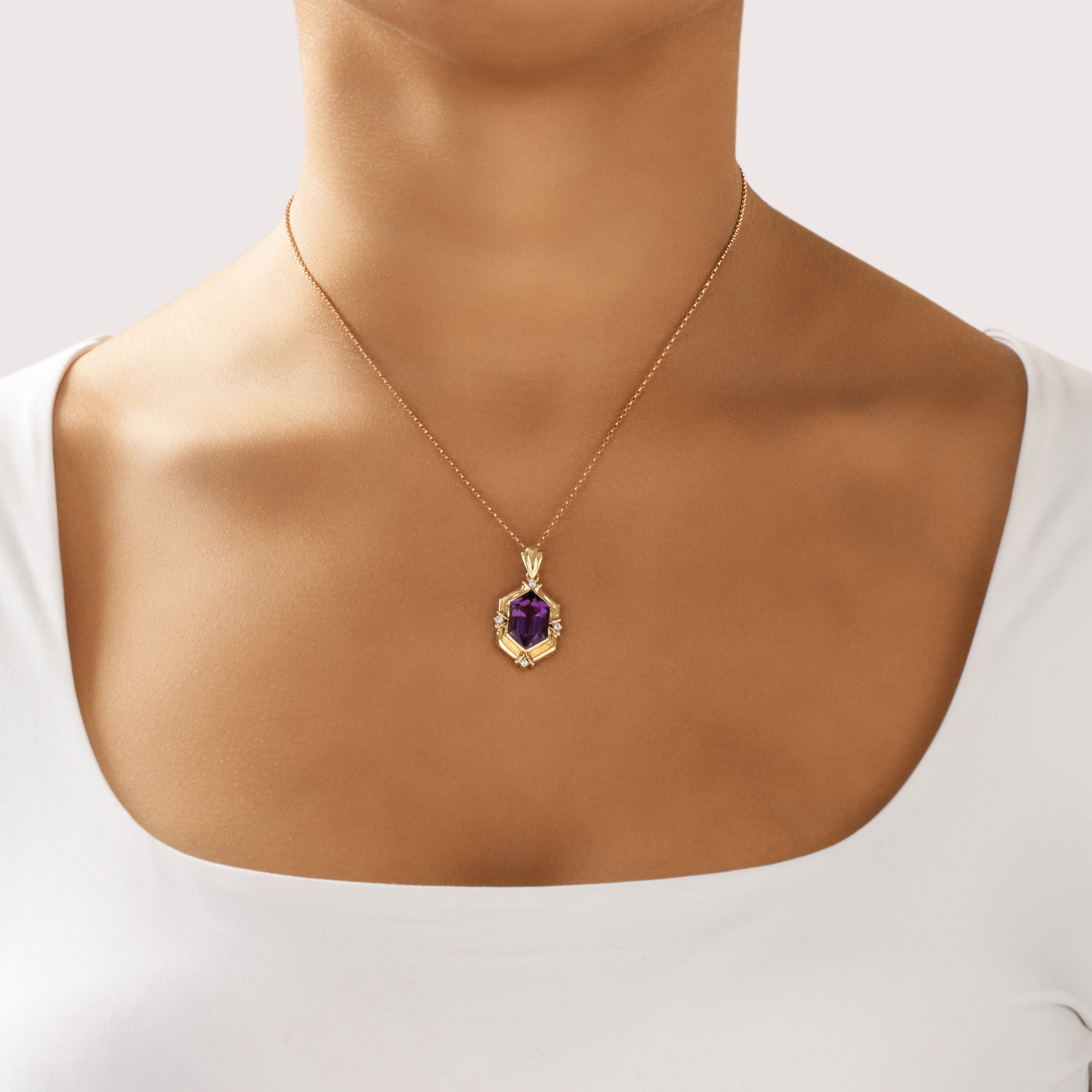 Vintage 14k Yellow Gold 5.24ct Amethyst Diamond Fancy Hexagonal Dangle Pendant - On model view