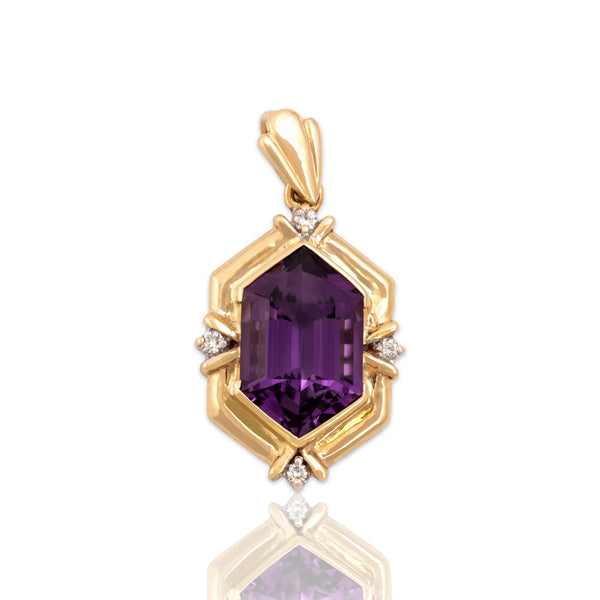 Vintage 14k Yellow Gold 5.24ct Amethyst Diamond Fancy Hexagonal Dangle Pendant
