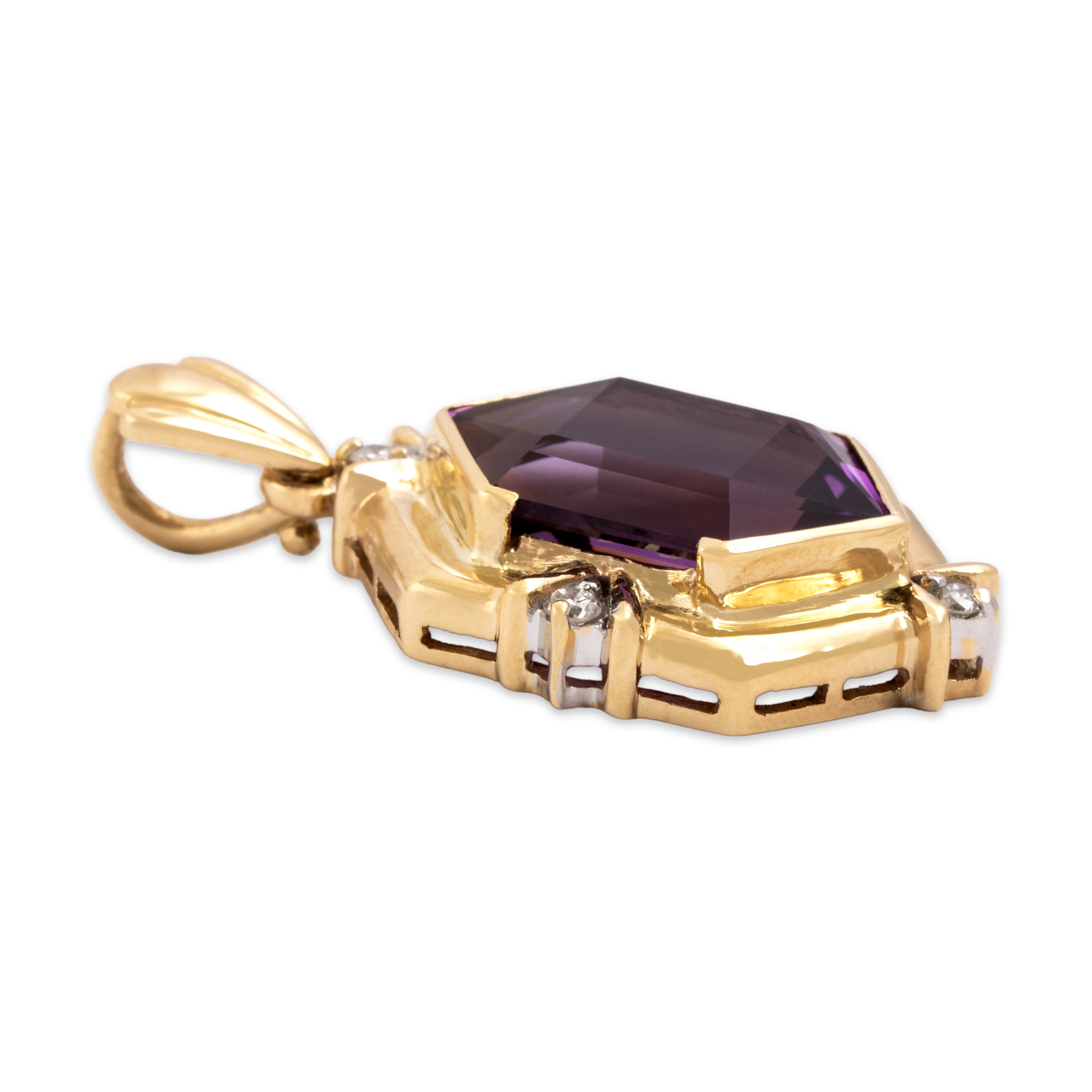 Vintage 14k Yellow Gold 5.24ct Amethyst Diamond Fancy Hexagonal Dangle Pendant - Side view