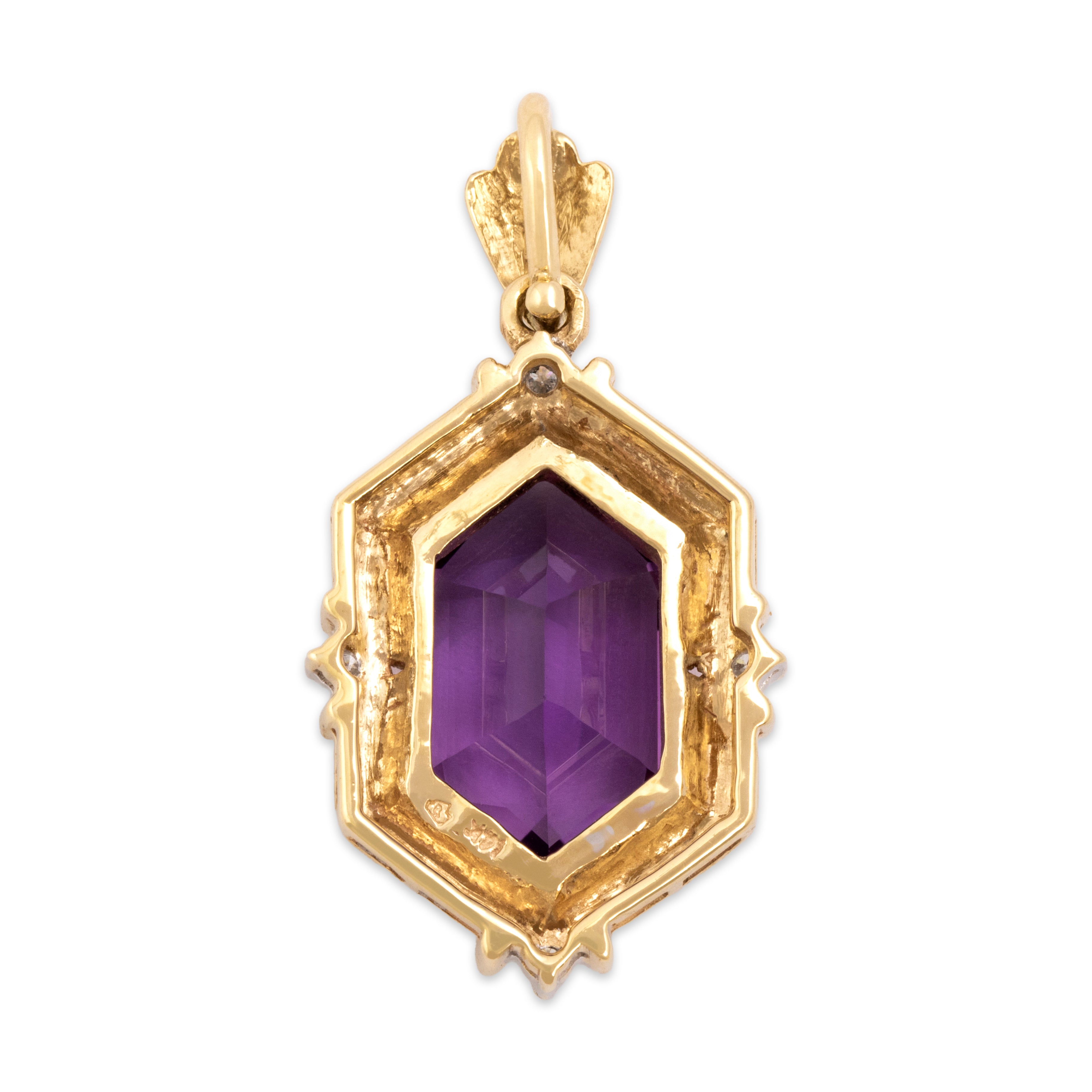 Vintage 14k Yellow Gold 5.24ct Amethyst Diamond Fancy Hexagonal Dangle Pendant - Back view
