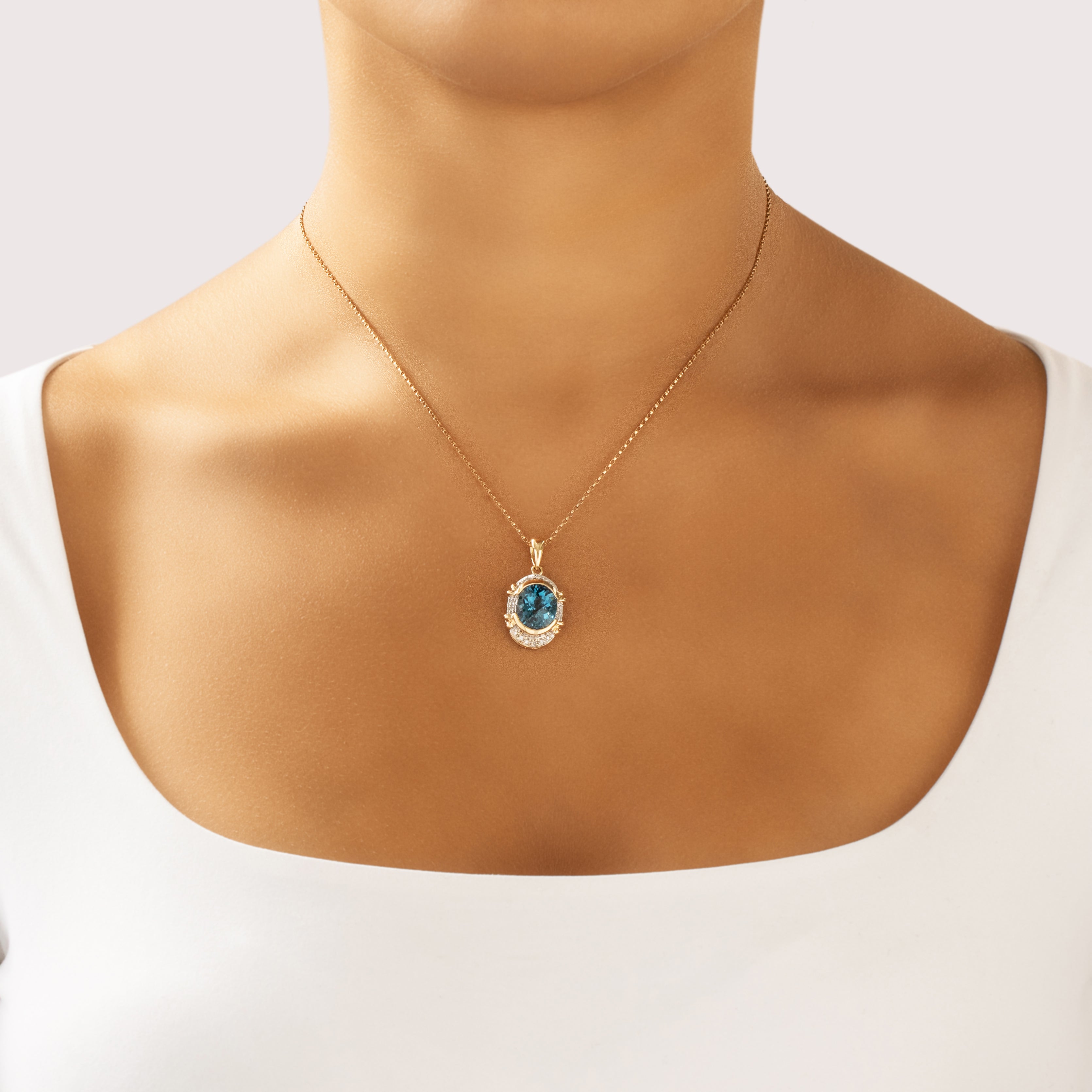 Vintage 14k Yellow & White Gold 6.25ct London Blue Topaz Diamond Framed Oval Checkerboard Pendant - On model view