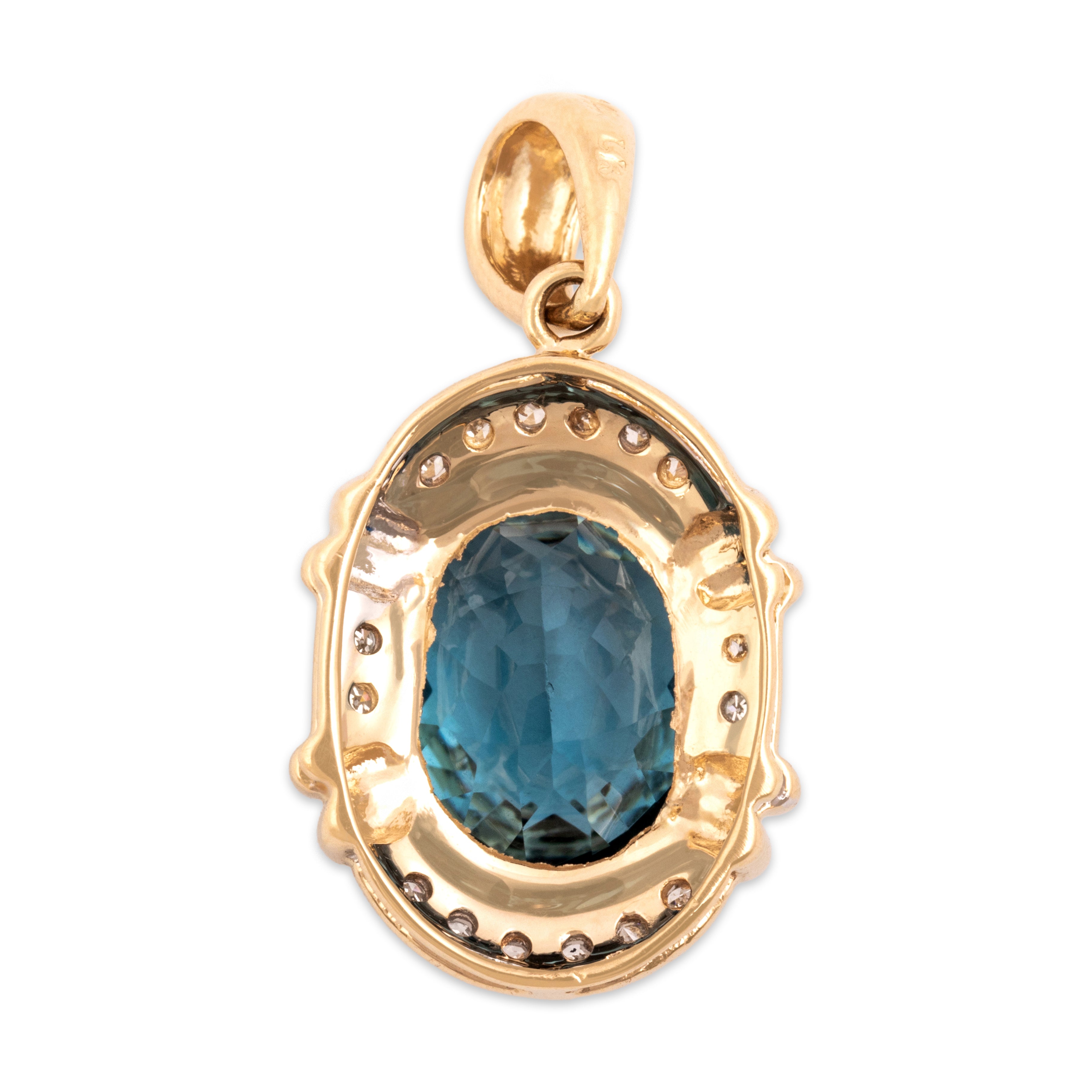 Vintage 14k Yellow & White Gold 6.25ct London Blue Topaz Diamond Framed Oval Checkerboard Pendant - Back view