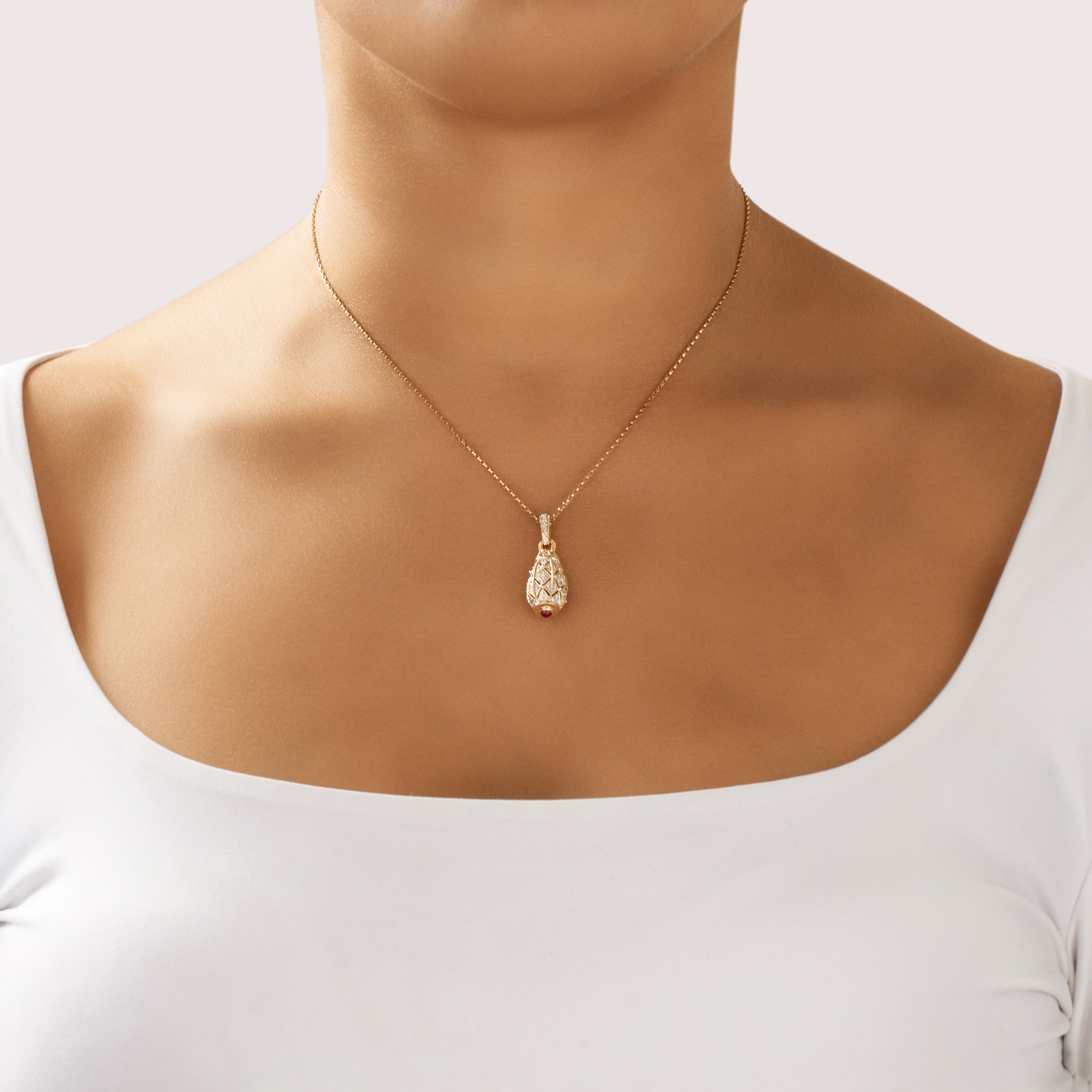Vintage 14k Yellow & White Gold Diamond Ruby Fantastic Glittering Lantern Pendant- On model view
