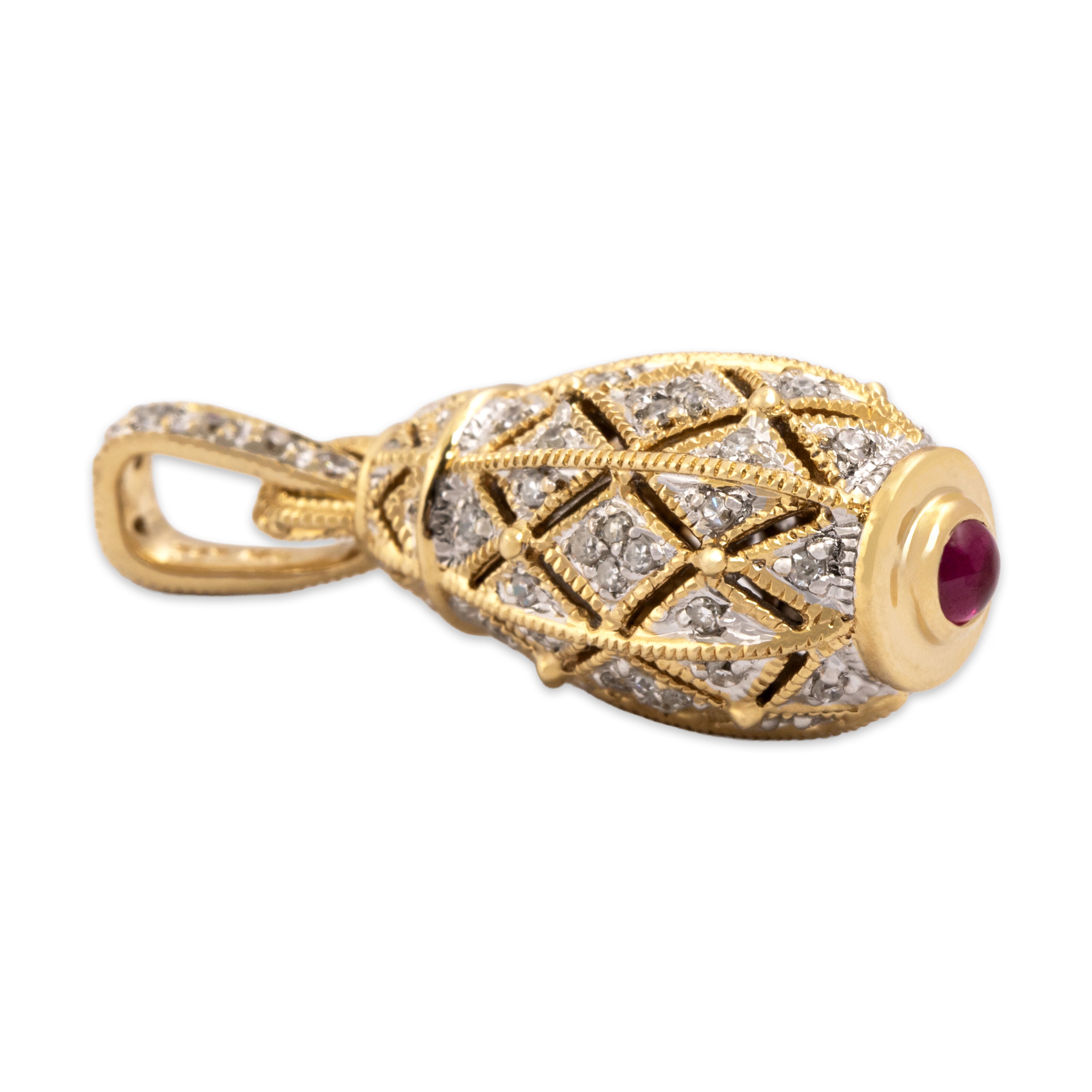 Vintage 14k Yellow & White Gold Diamond Ruby Fantastic Glittering Lantern Pendant- detail view #1