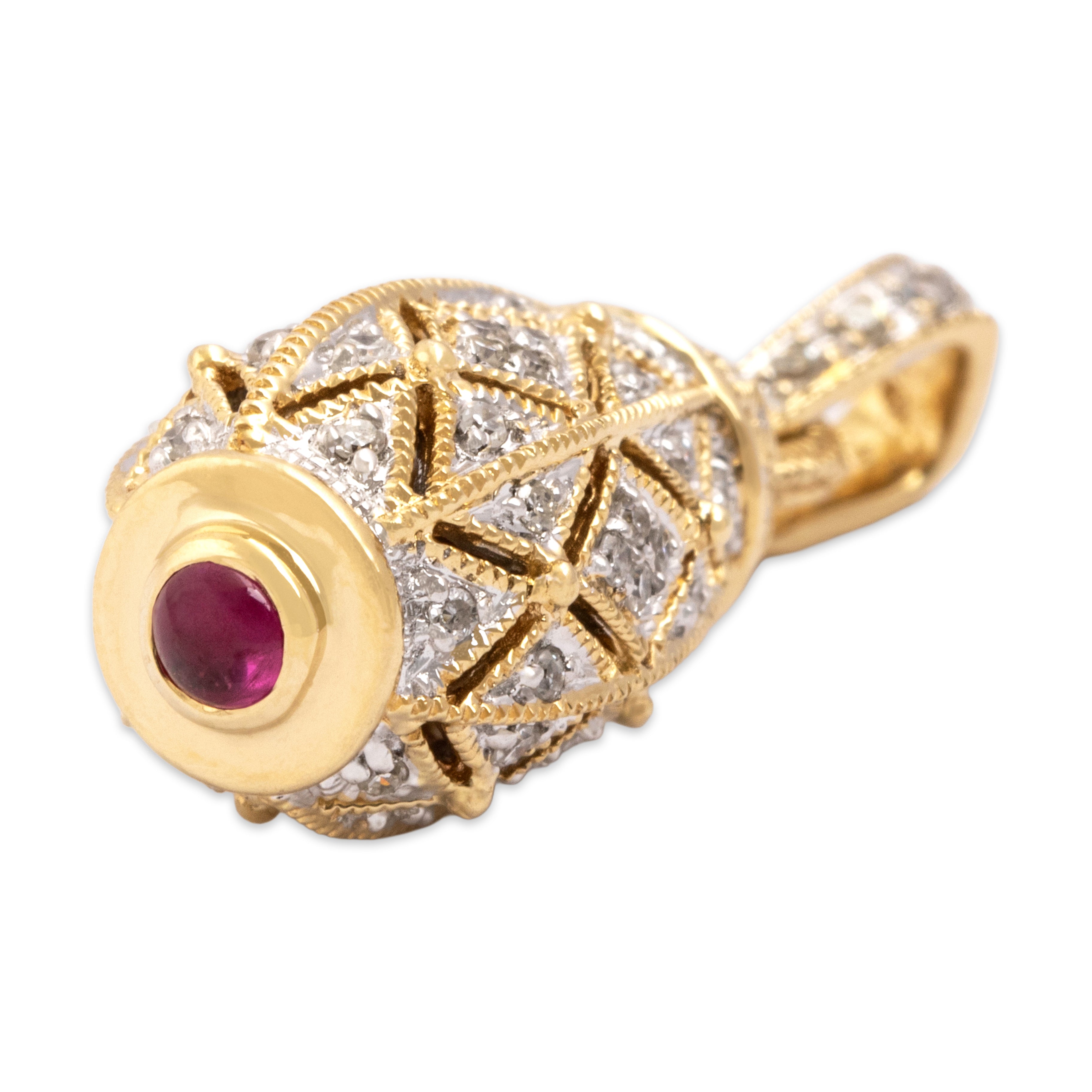Vintage 14k Yellow & White Gold Diamond Ruby Fantastic Glittering Lantern Pendant- detail view #3