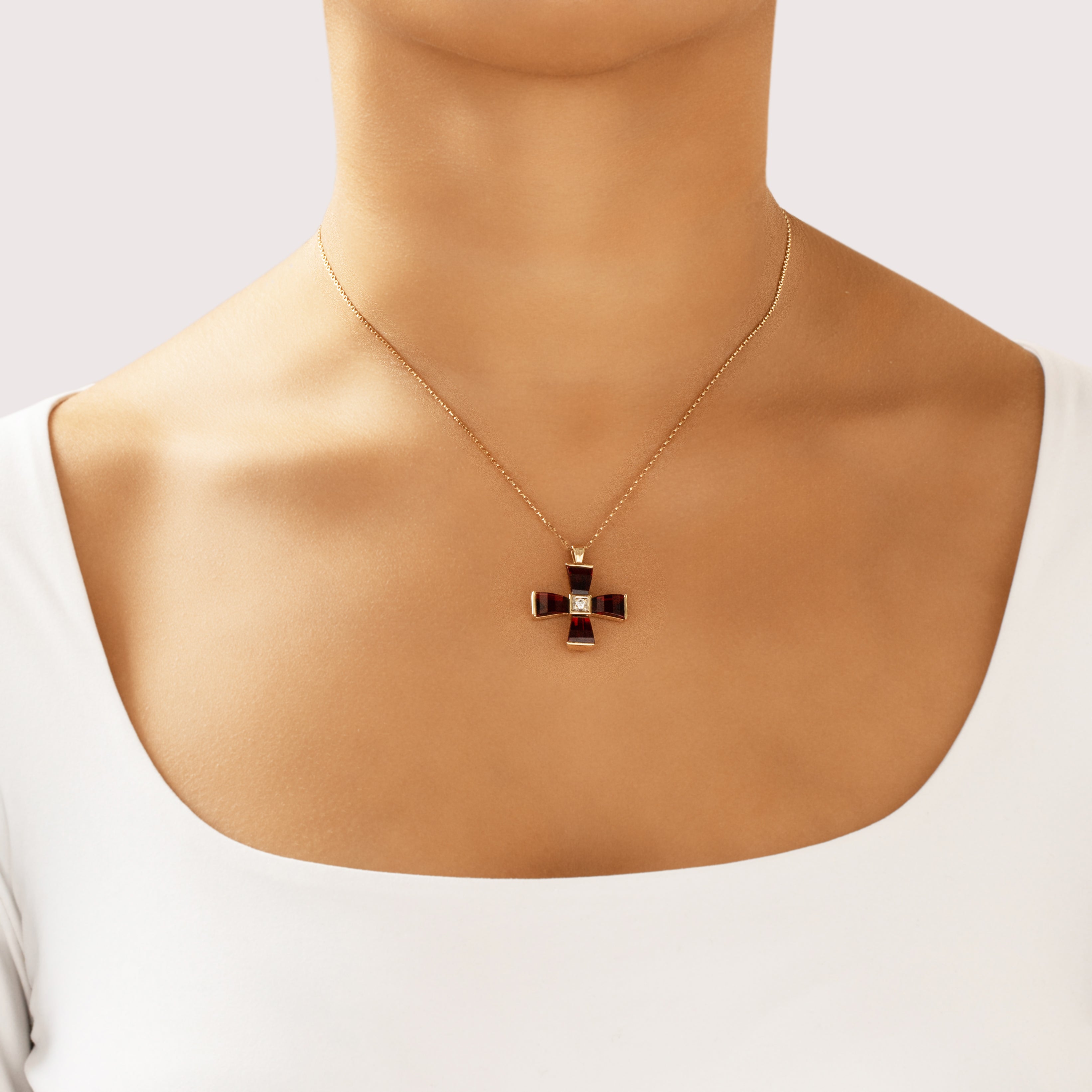 Vintage 14k Yellow Gold 8.76cttw Garnet Diamond Dramatic Cross Pendant - On model view