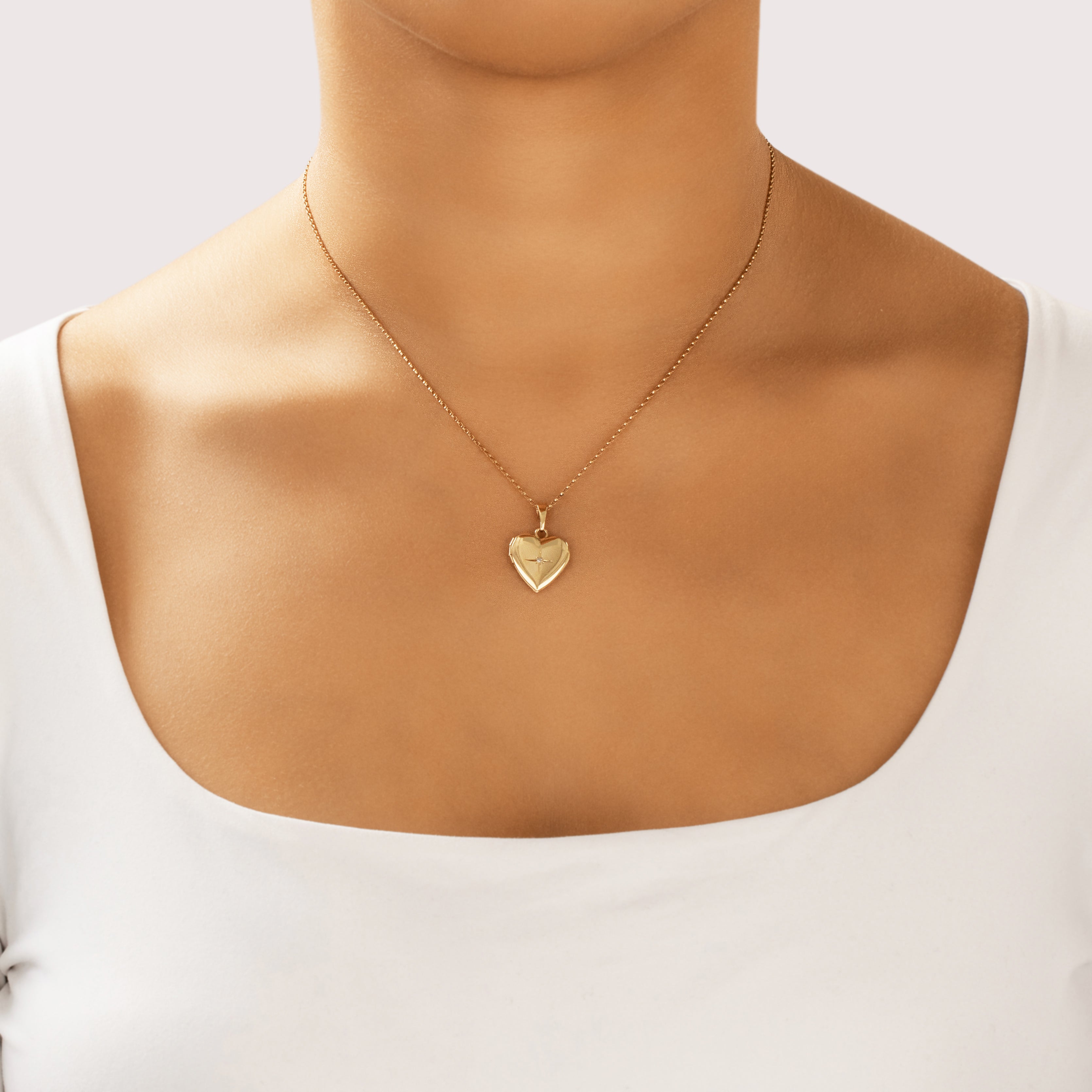 Vintage 14k Yellow Gold Diamond Dainty Star-Set Heart Locket Charm / Pendant - On model view