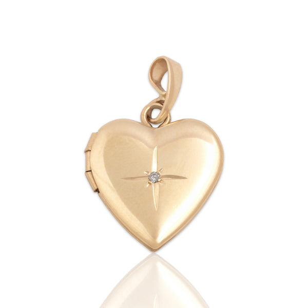 Vintage 14k Yellow Gold Diamond Dainty Star-Set Heart Locket Charm / Pendant
