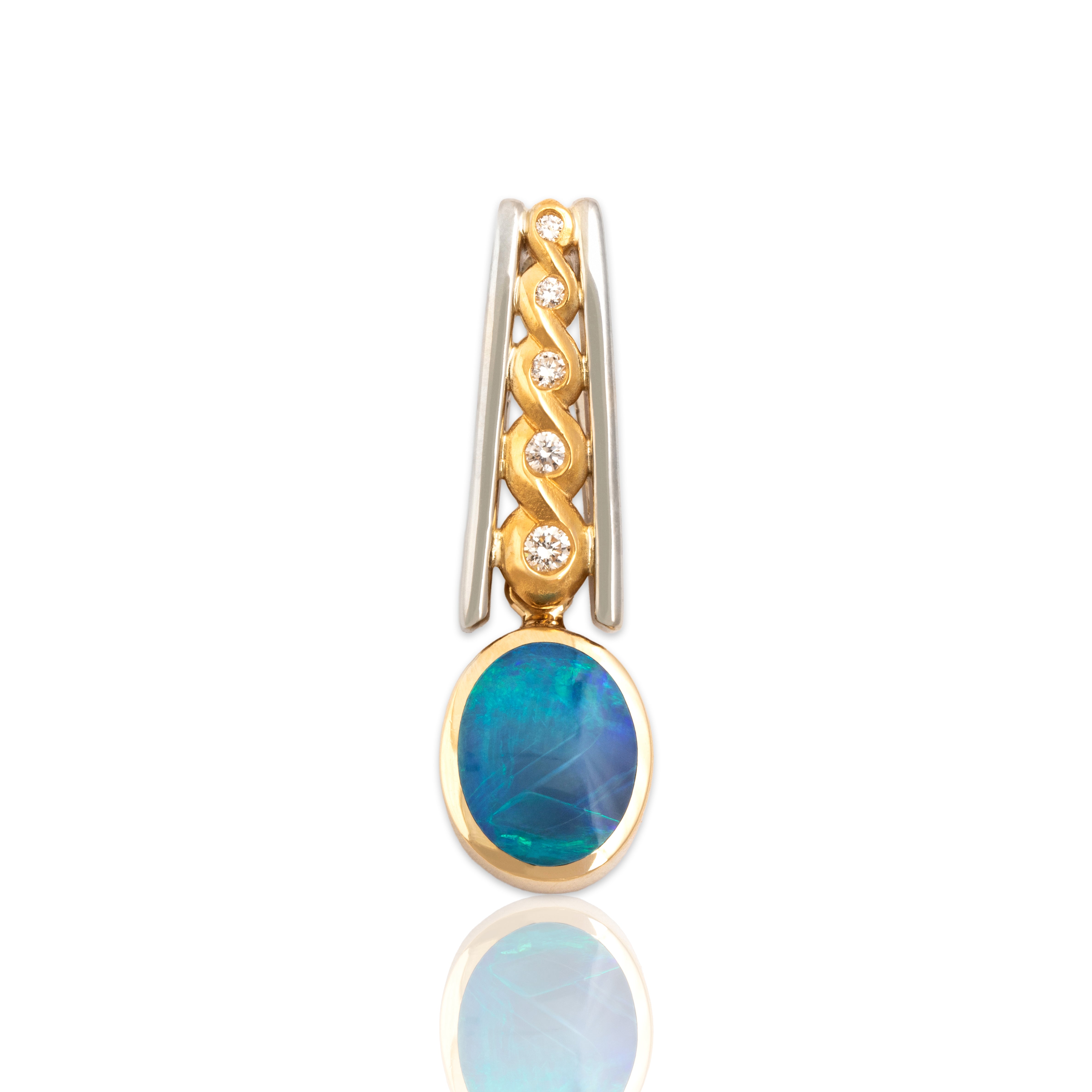 Vintage 22k Yellow Gold & 14k White Gold Blue Opal Diamond Incredible Graduated Drop Dangle Pendant - Close-up view