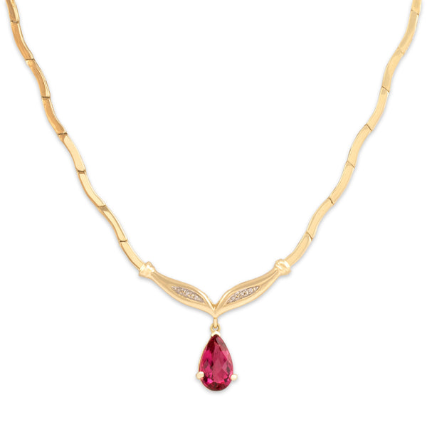 Vintage 14k Yellow Gold 2.87ct Pink Tourmaline Diamond Drop Necklace 16.25