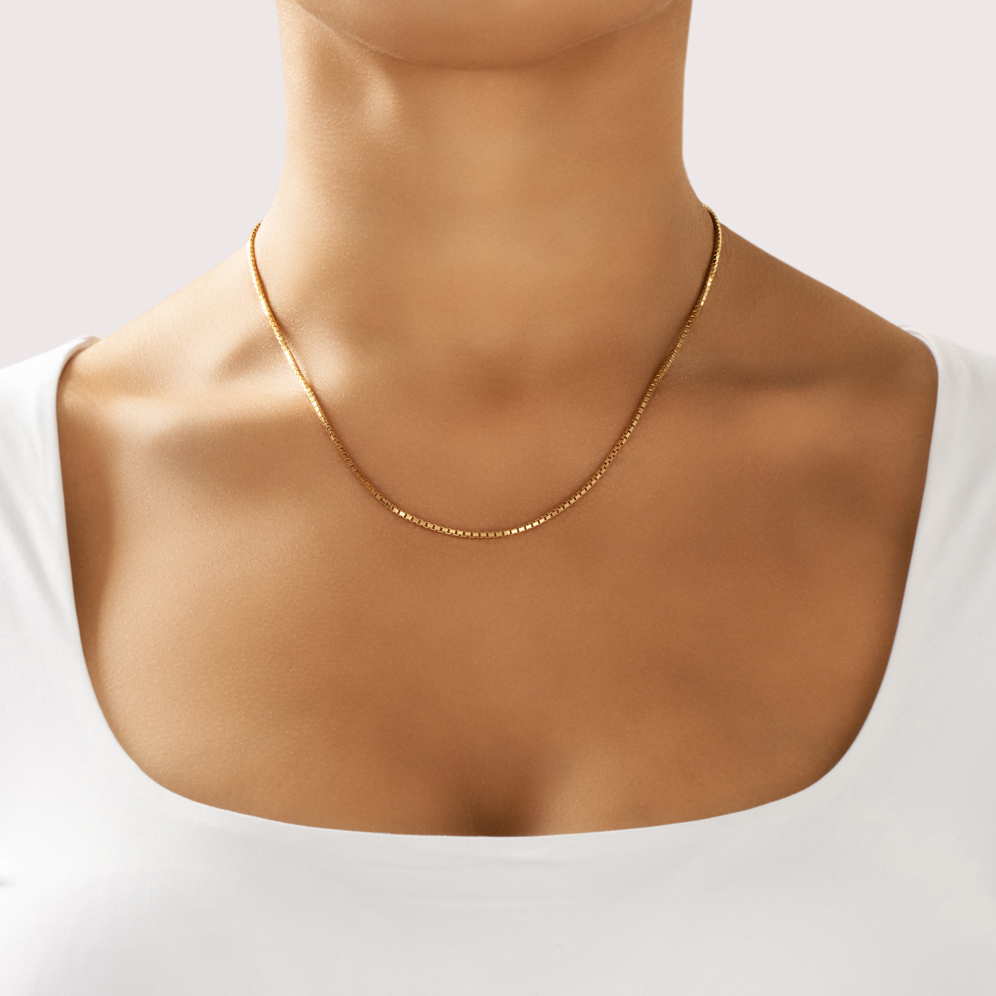 Vintage Italian 14k Yellow Gold Sleek Dimensional Box 1.6mm Chain - On model view