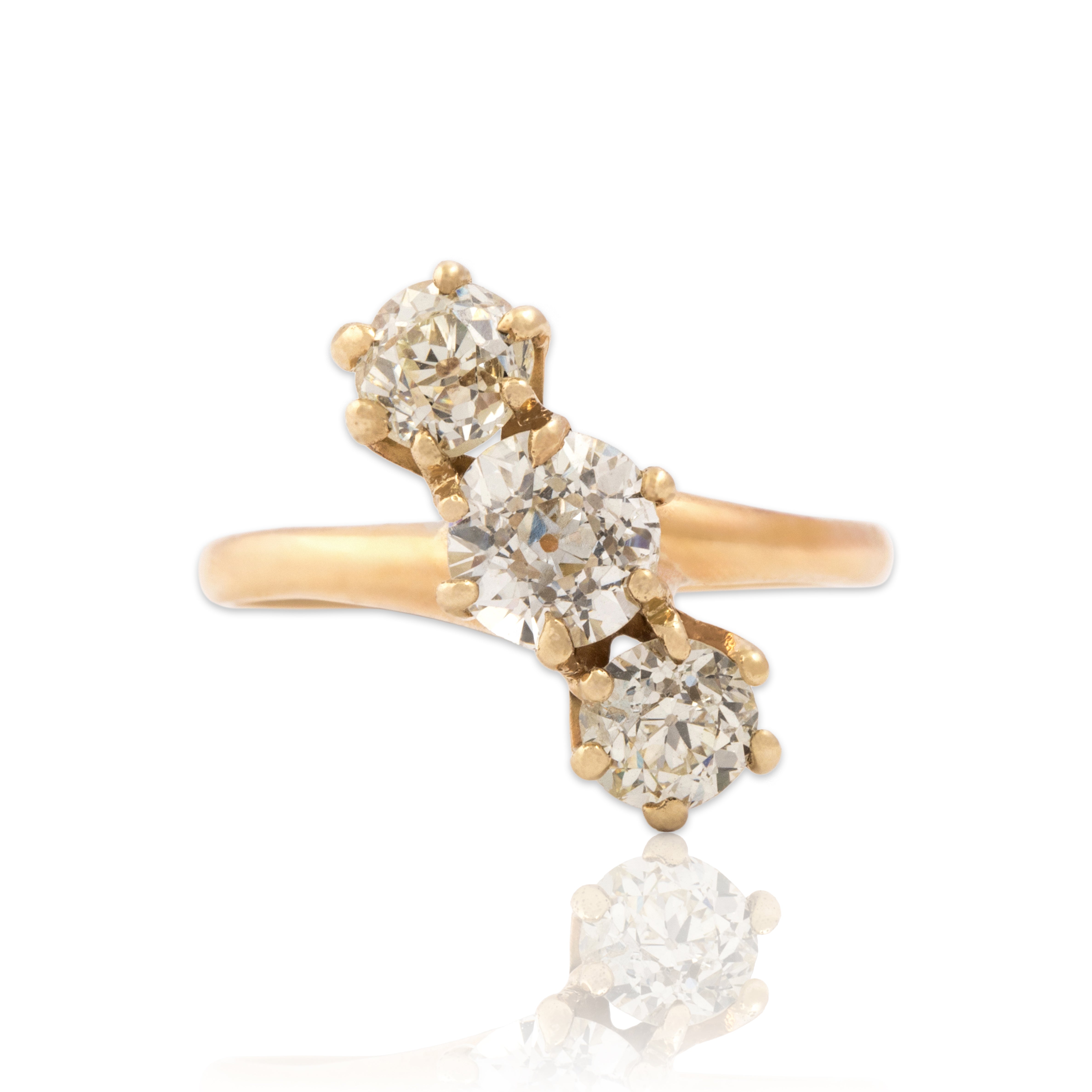 Antique 10k Rosy Yellow Gold 1.4cttw Old Mine Cut Diamond Diagonal Trio Ring - Close-up view