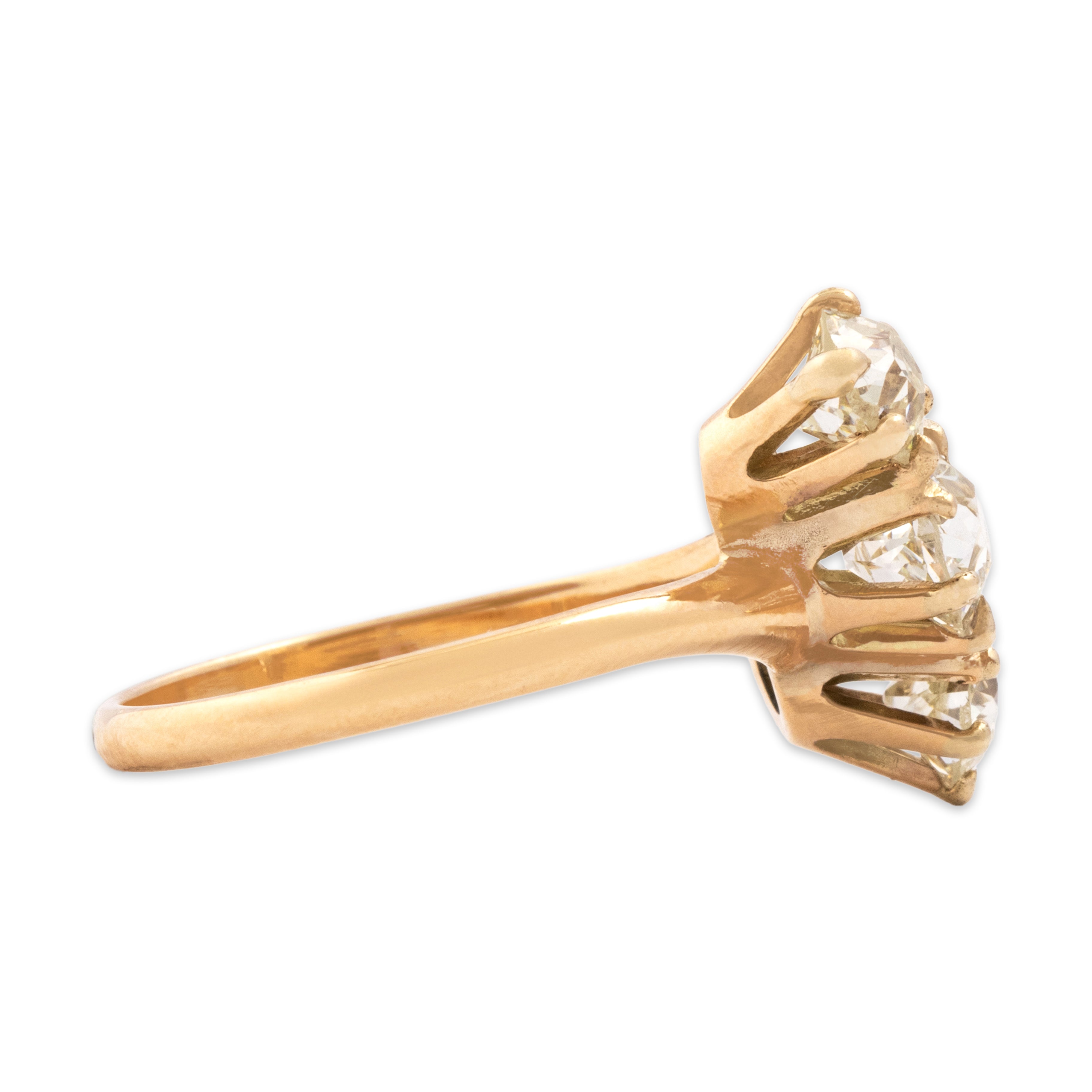 Antique 10k Rosy Yellow Gold 1.4cttw Old Mine Cut Diamond Diagonal Trio Ring - Side view