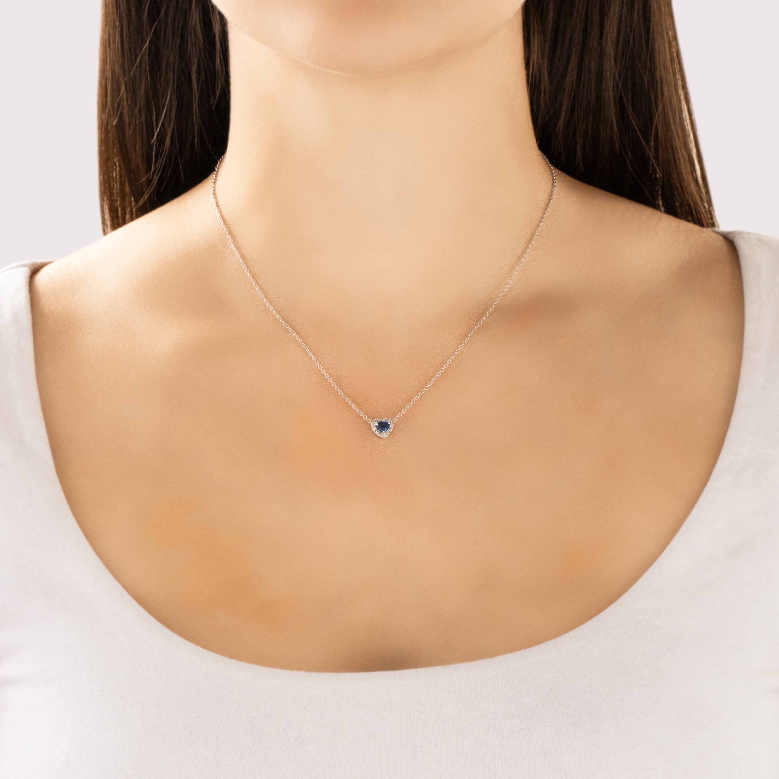 Vintage 14k White Gold Blue Sapphire Diamond Sweet Heart Halo Necklace - On model view