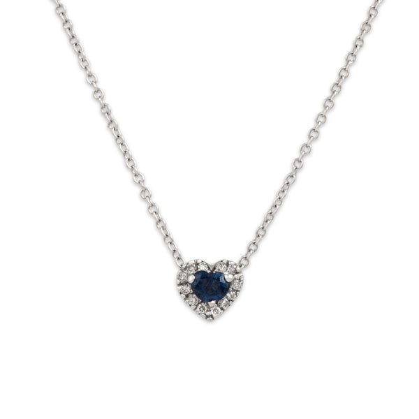 Vintage 14k White Gold Blue Sapphire Diamond Sweetheart Halo Necklace 16.5