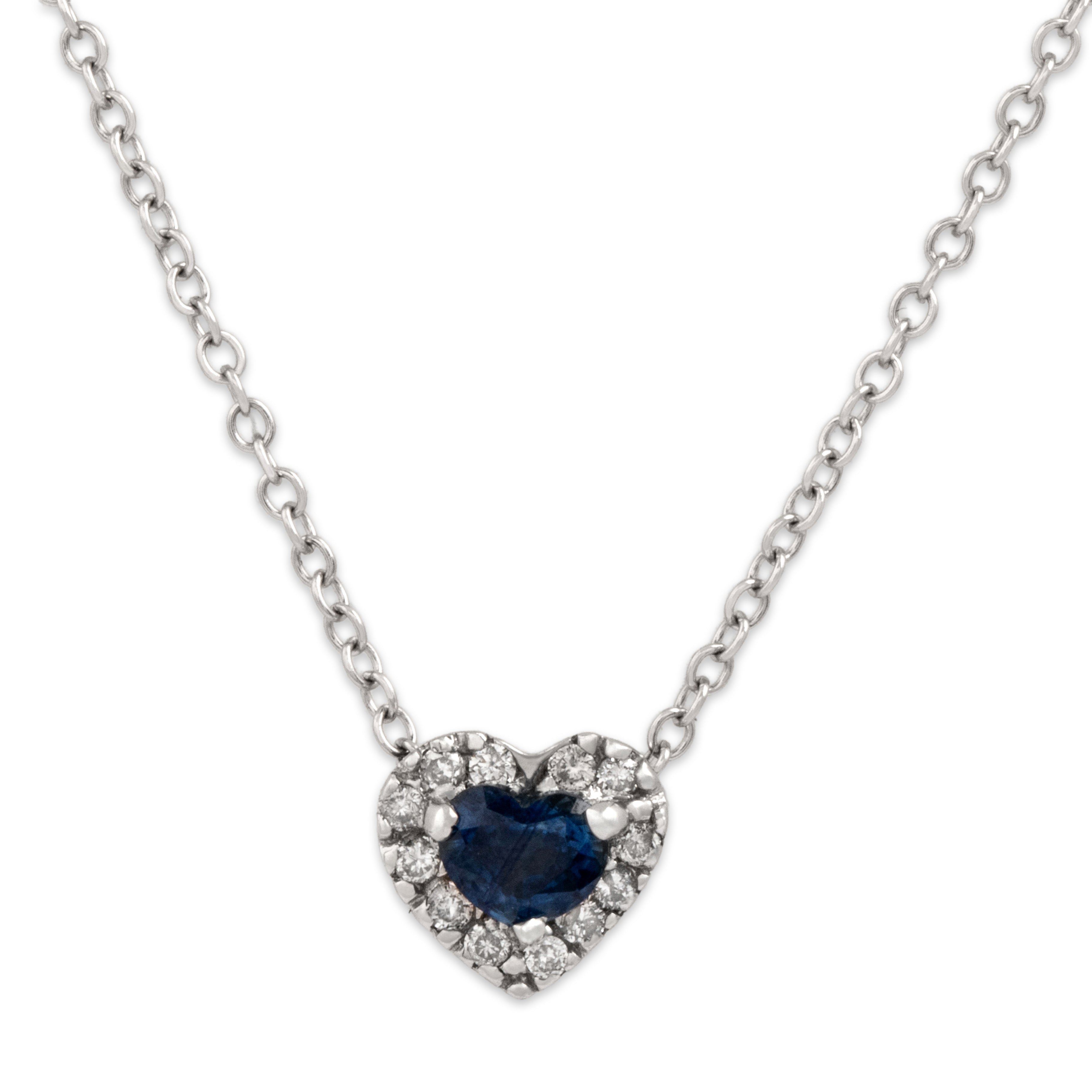 Vintage 14k White Gold Blue Sapphire Diamond Sweet Heart Halo Necklace - detail view #1