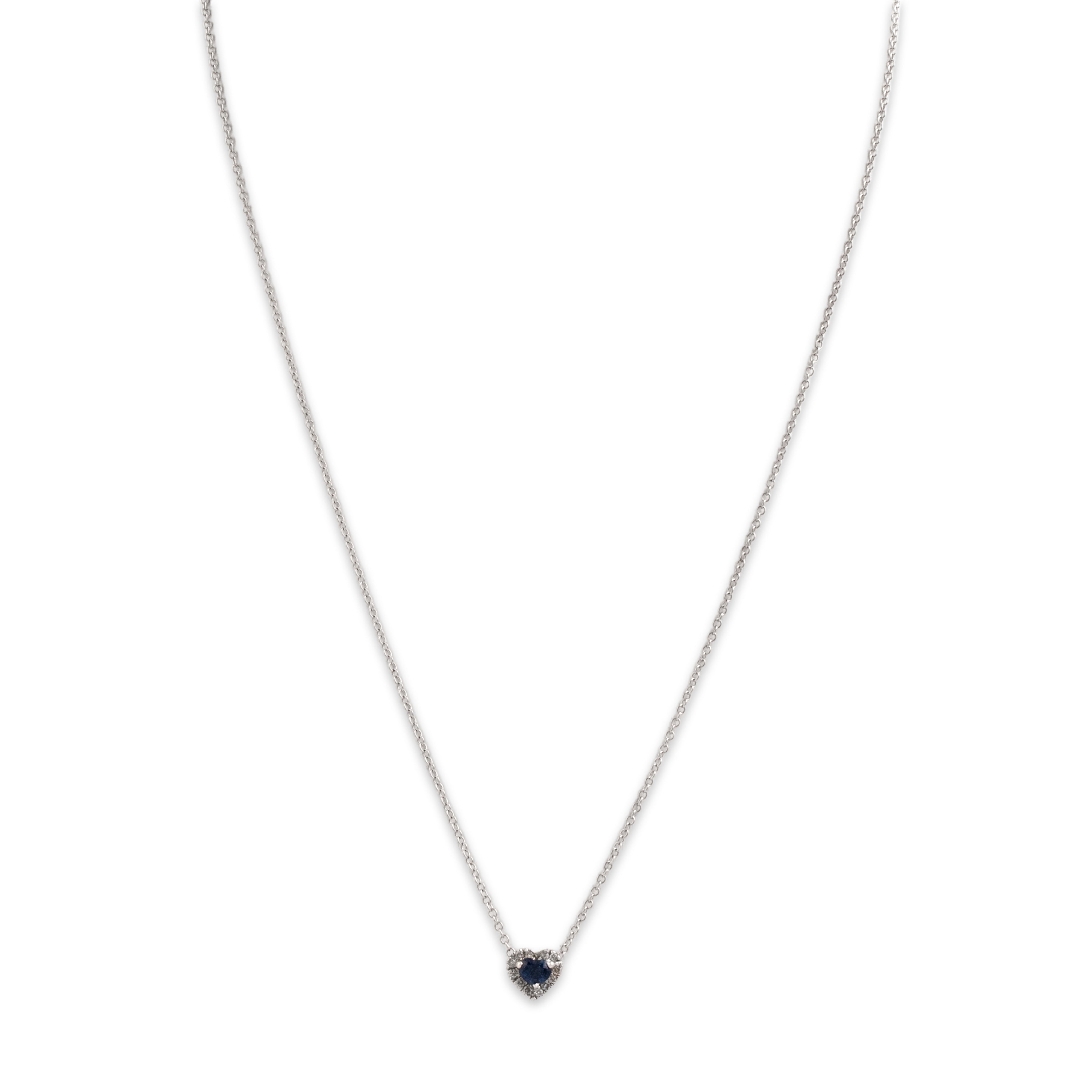 Vintage 14k White Gold Blue Sapphire Diamond Sweet Heart Halo Necklace - detail view #2