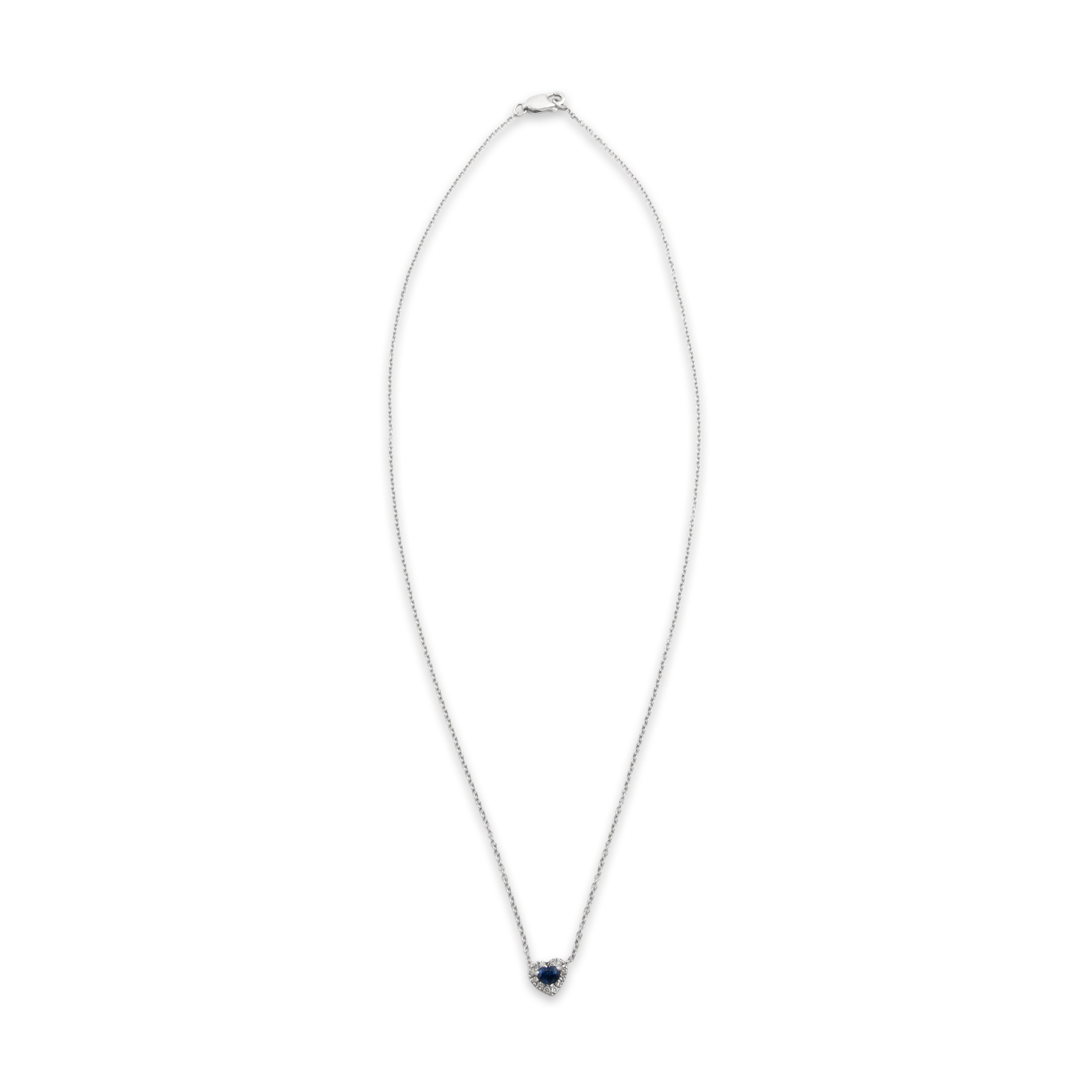 Vintage 14k White Gold Blue Sapphire Diamond Sweet Heart Halo Necklace - Overall view