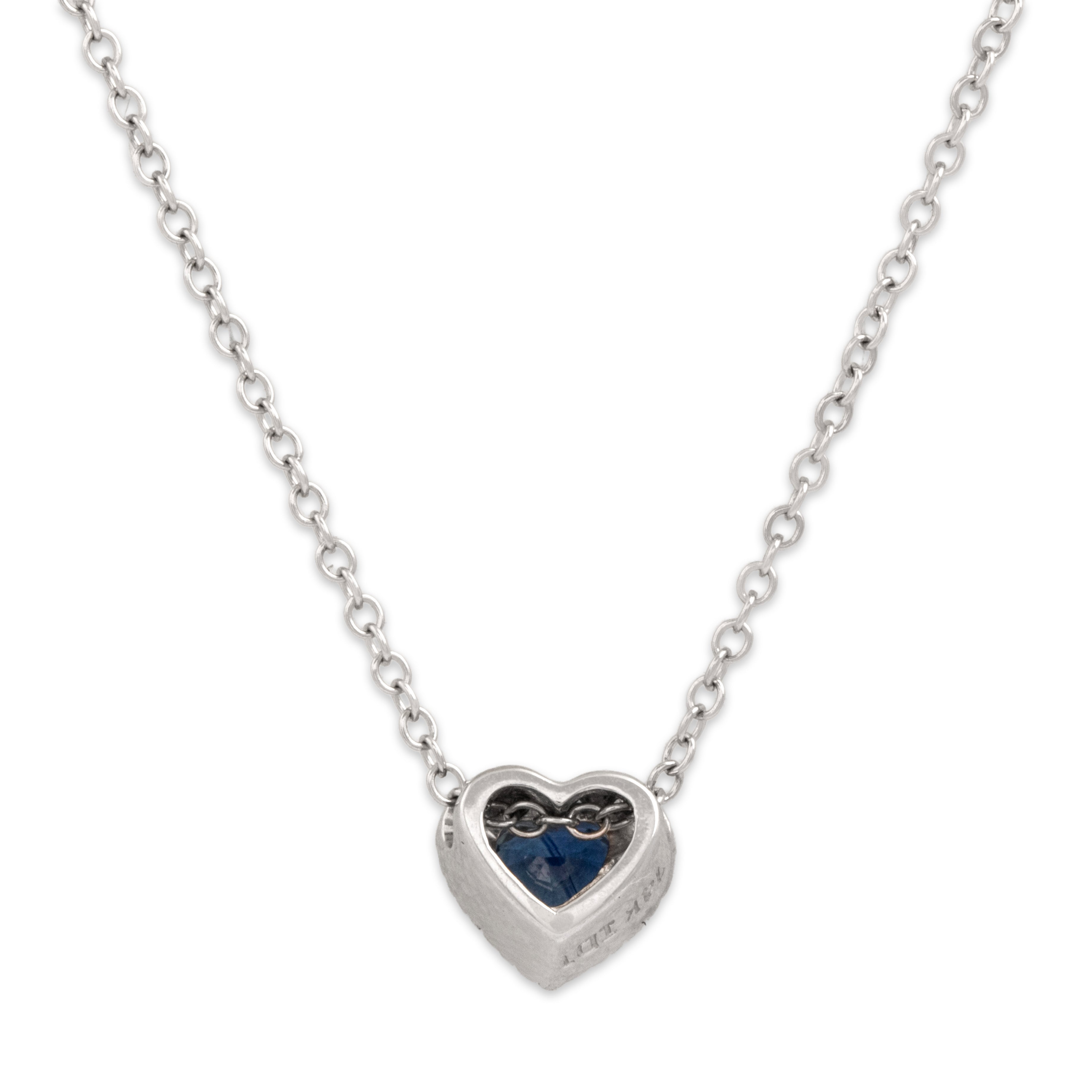 Vintage 14k White Gold Blue Sapphire Diamond Sweet Heart Halo Necklace - Back view