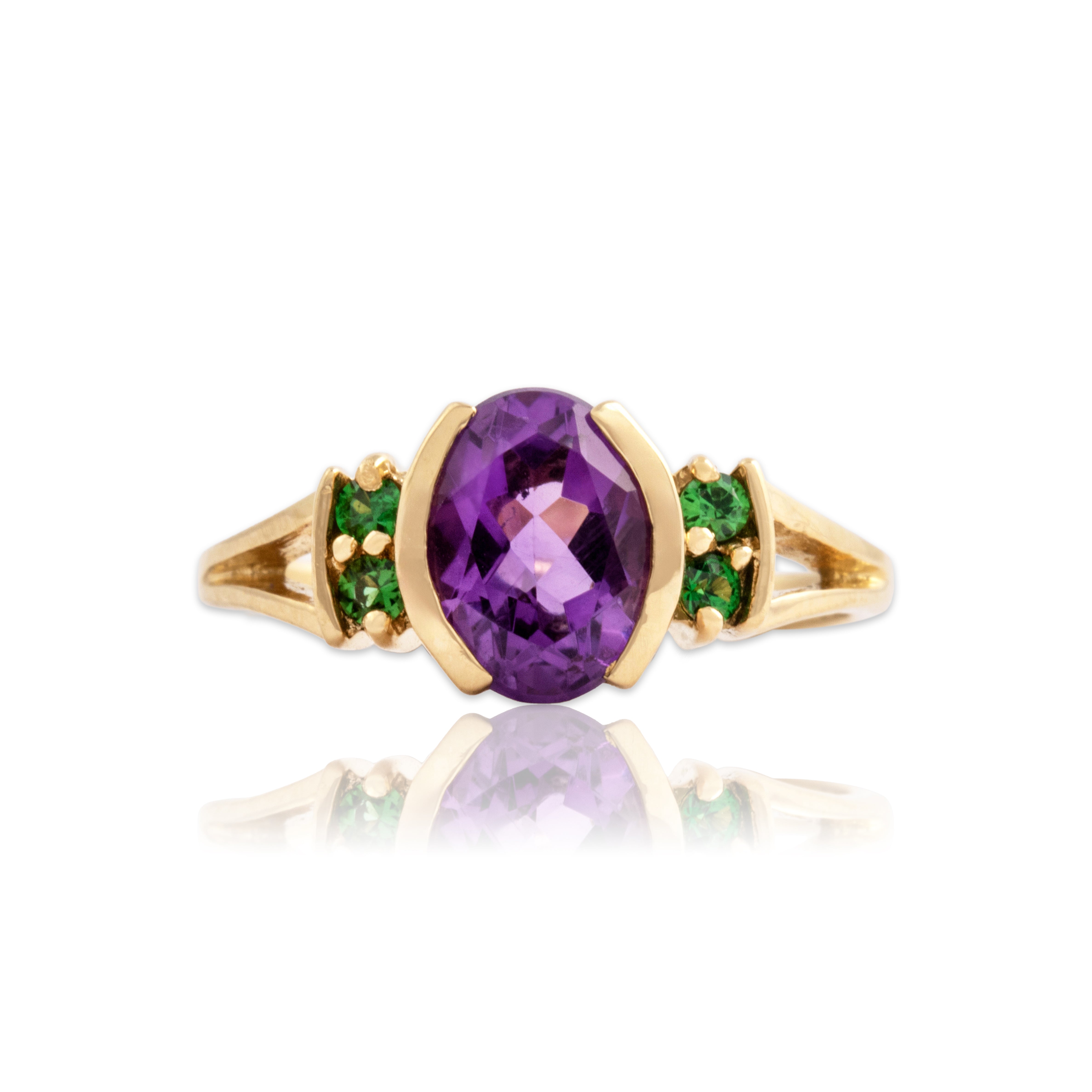 Vintage 18k Yellow Gold 1.03ct Amethyst Chrome Diopside Bright Half-Bezel Ring - Close-up view