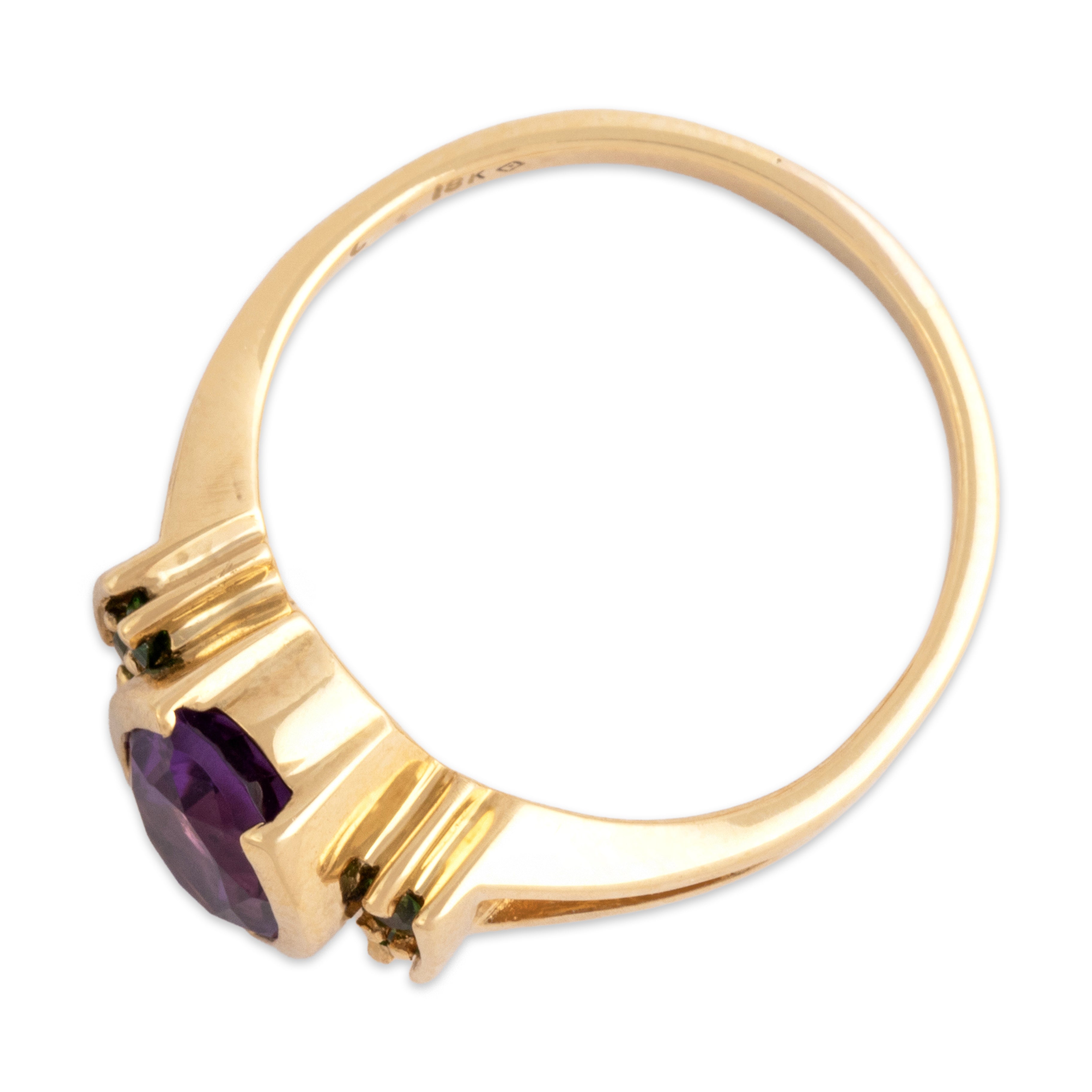 Vintage 18k Yellow Gold 1.03ct Amethyst Chrome Diopside Bright Half-Bezel Ring - Overall view