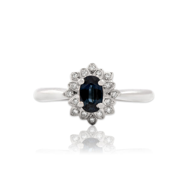 Vintage Platinum Blue Sapphire Diamond Fantastic Blooming Halo Ring 6.75