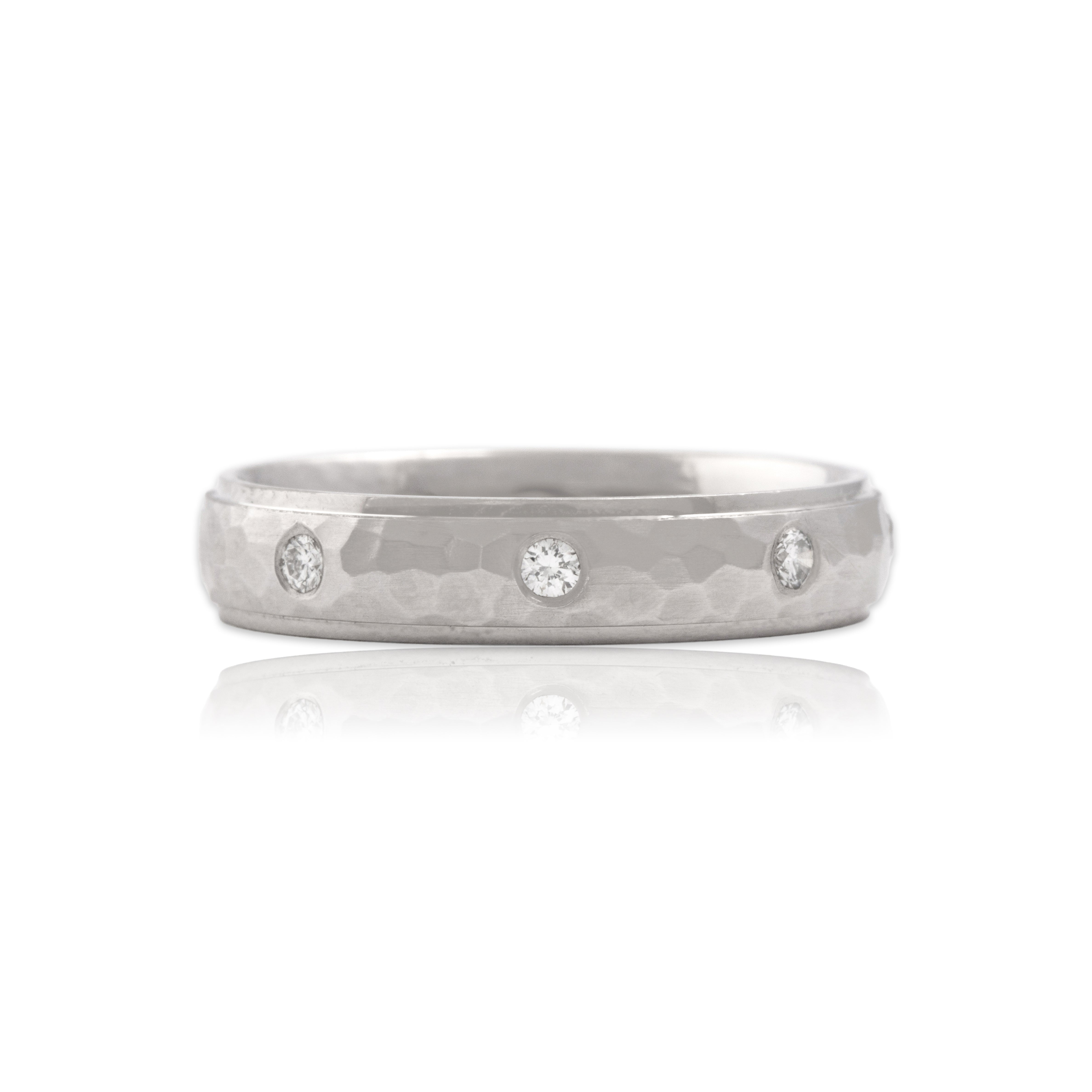 Vintage 14k White Gold Diamond Shimmering Hammered Band Ring - Close-up view