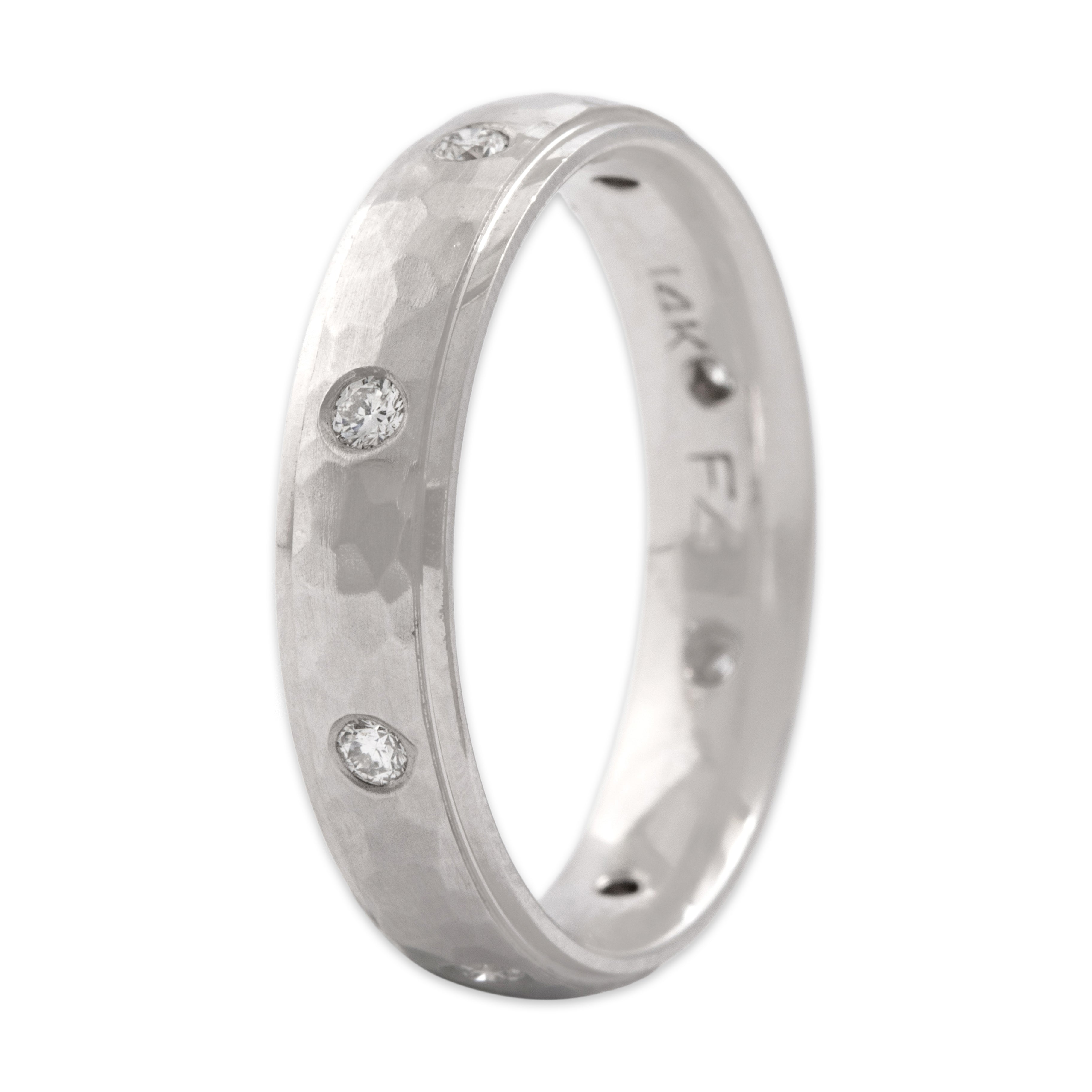 Vintage 14k White Gold Diamond Shimmering Hammered Band Ring - Overall view