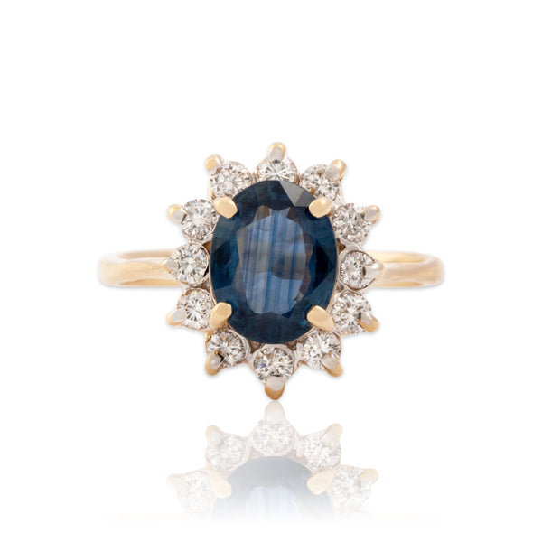 Vintage 14k Yellow Gold 1.86ct Blue Sapphire Diamond Mesmerizing Halo Ring 7.00