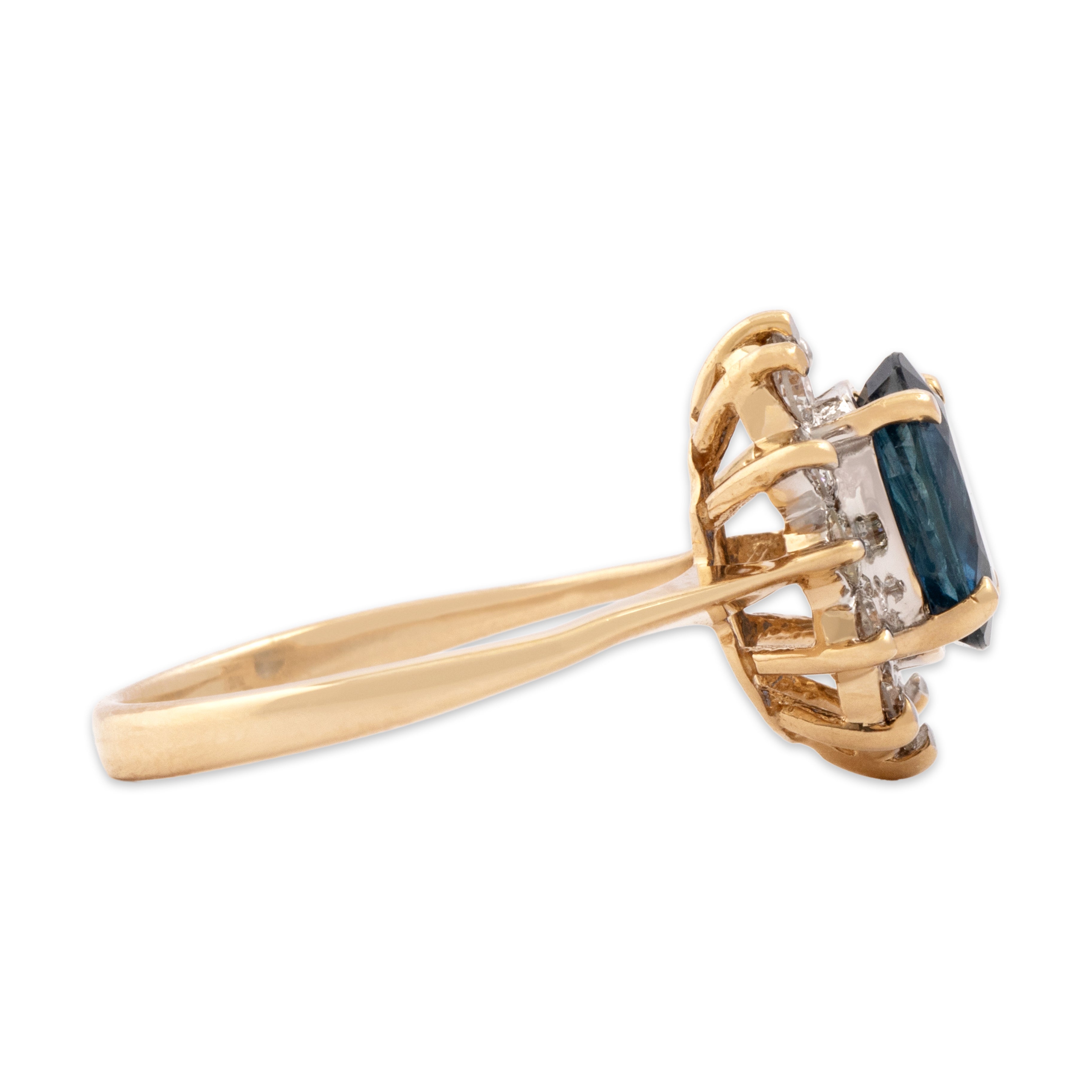 Vintage 14k Yellow Gold 1.86ct Blue Sapphire Diamond Mesmerizing Halo Ring - Side view