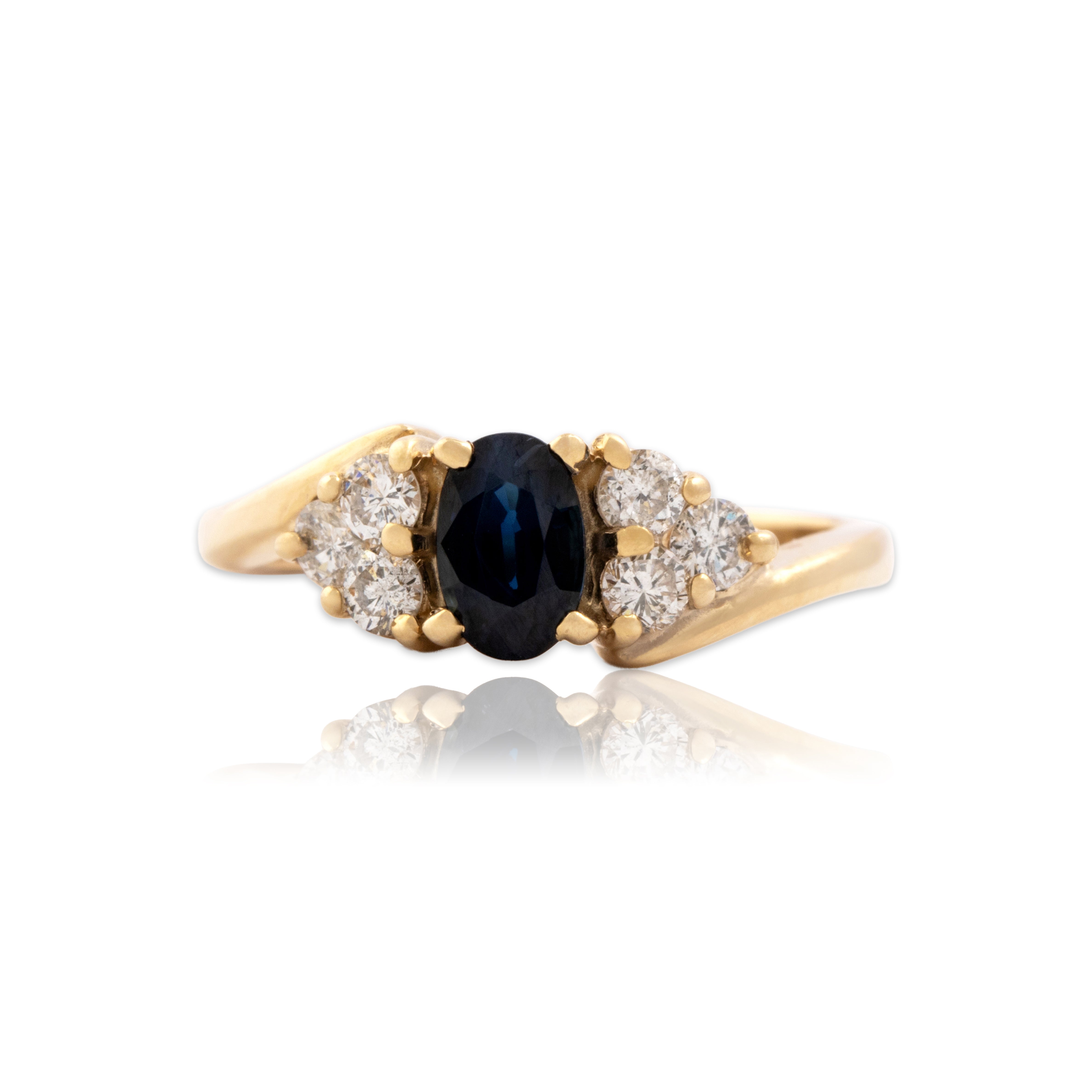 Vintage 14k Yellow Gold .58ct Blue Sapphire Diamond Sparkling Shoulder Bypass Ring - Close-up view