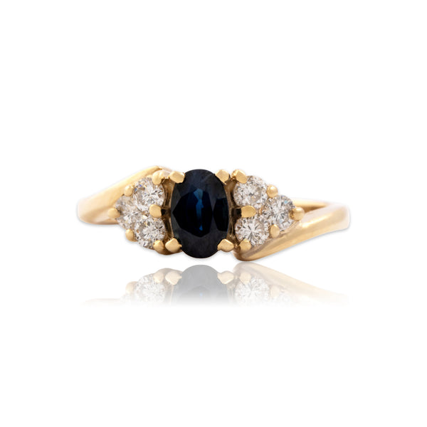 Vintage 14k Yellow Gold .58ct Blue Sapphire Diamond Sparkling Bypass Ring 5.75