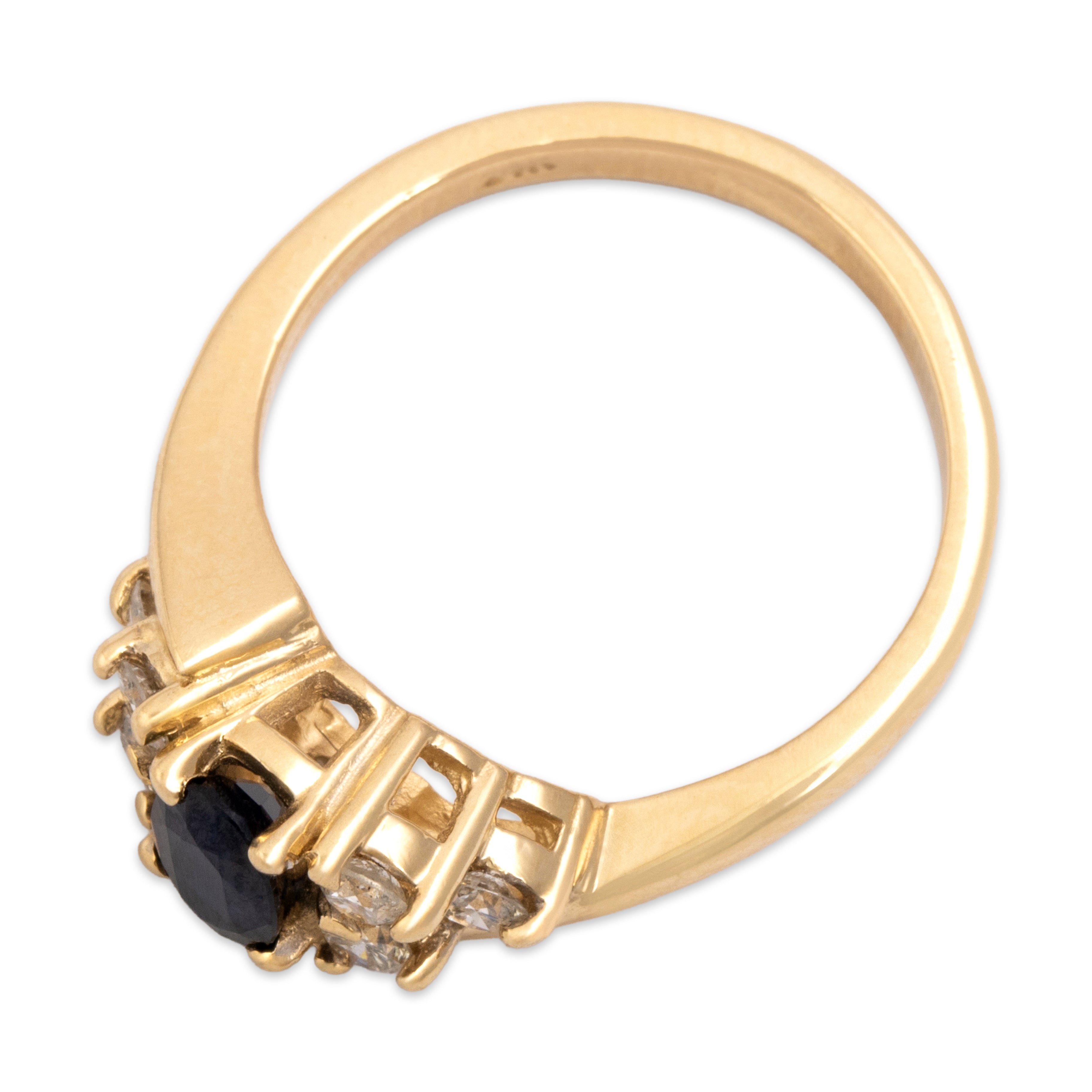 Vintage 14k Yellow Gold .58ct Blue Sapphire Diamond Sparkling Shoulder Bypass Ring - Overall view